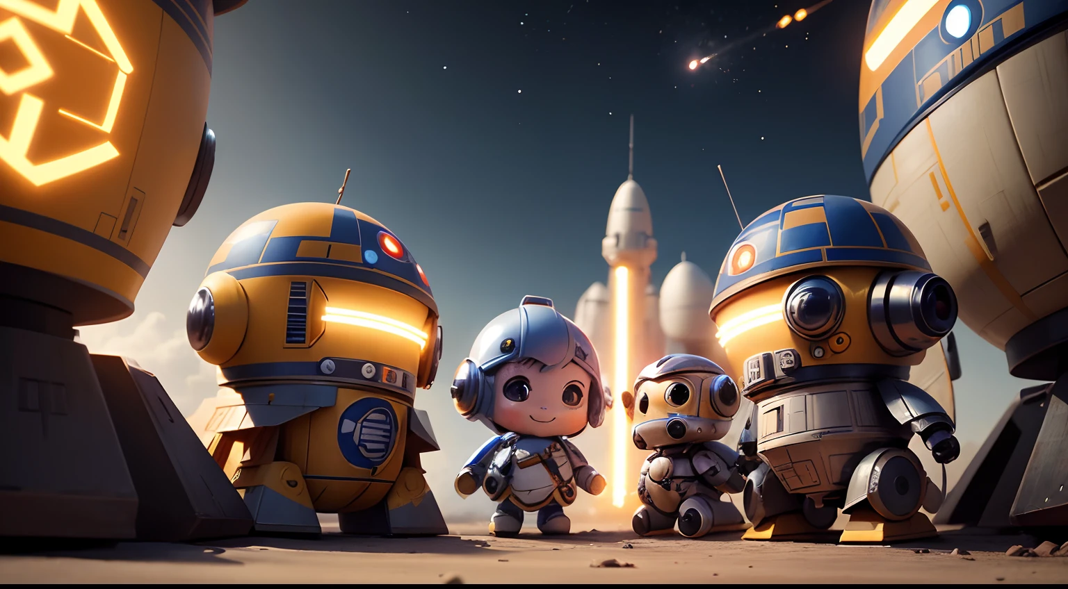 chibi, wizard, light, bright smile, fly, play ,Cute Ultra Details, Realistic,Star Wars,Air jet Machine,30 small cute robot Meeting,Old Sci-Fi City Background, Cinematic Lighting, masterpiece,4k