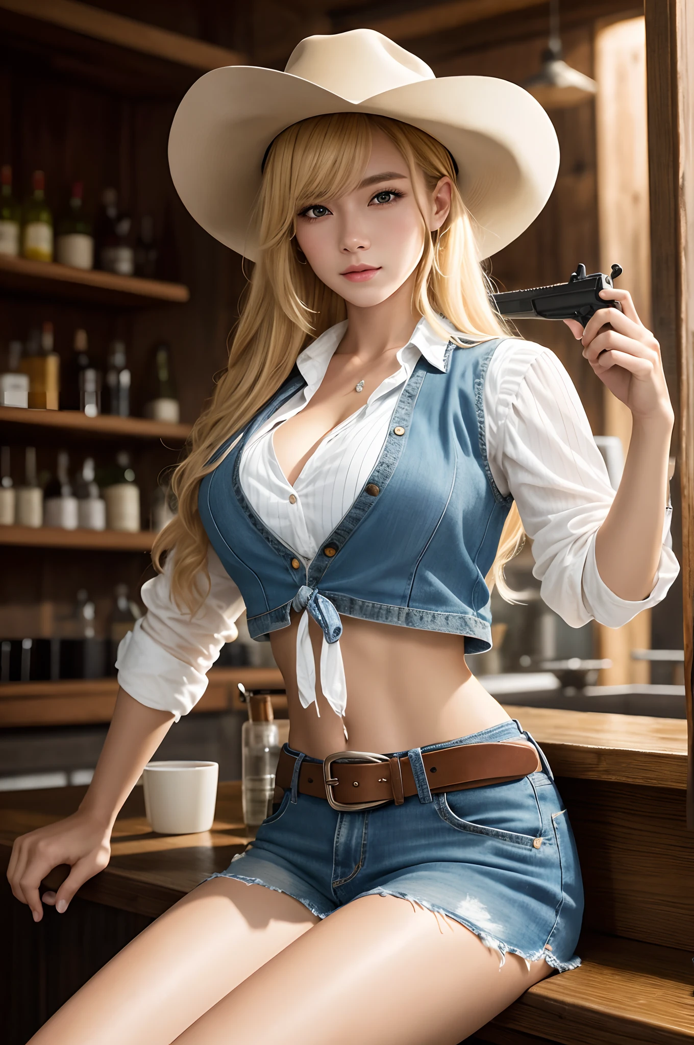 Cinematic portrait photography、octan render、8K、1girl in、Calm、Calm、(Eye for realistic details、natural skin textures、Realistic face details)、Soft dramatic lighting、depth of fields、bokeh dof、vibrant detail、finely detail、Surreal、100mm film、Sexy cowgirl, Beautiful cowgirl, huge breasts, big butt, Hazy blur、filmg、a blond、verd s eyes、Cowgirl costume, cowboy boots, fringe trim, vests, Tied shirt, Midriff, holster, bandana, Sheriff Badge, Glass on the counter, a bar counter, Wooden wall,Riding a horse to a man, cowboy hat, gun in her hand, gun in her belt, sexy look, sitting on the bar