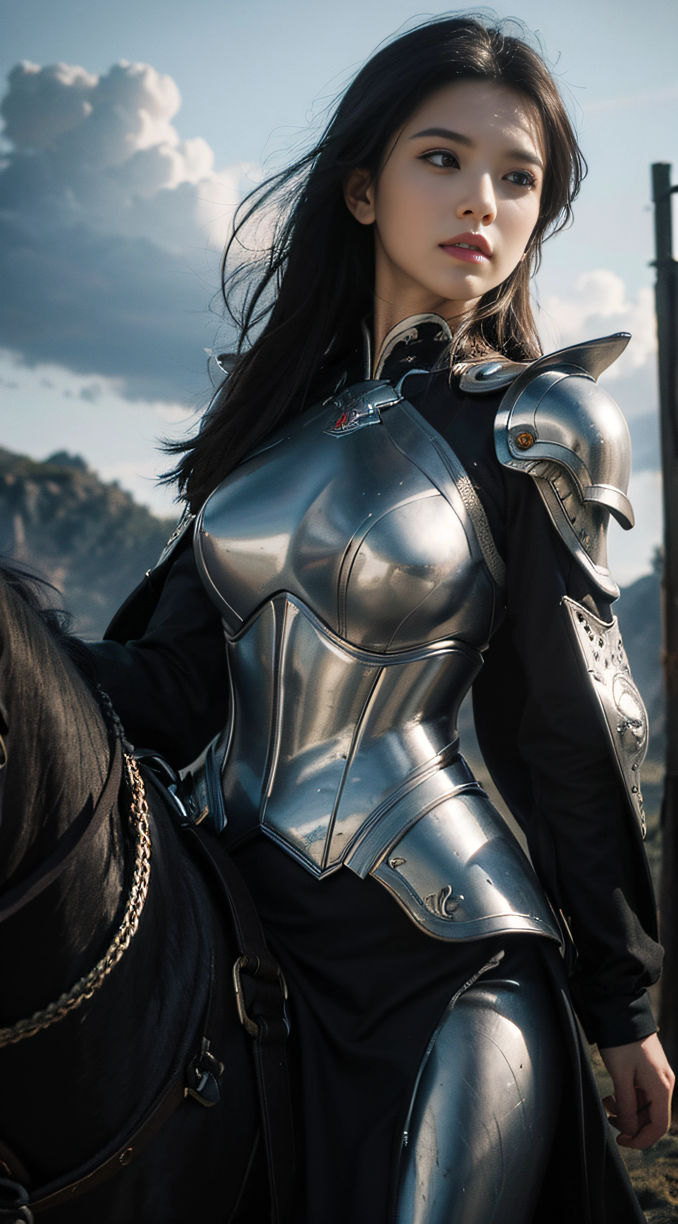 (best quality,4k,8k,highres,masterpiece:1.2),ultra-detailed,white body-hugging battle armor,beautiful detailed eyes,beautiful detailed lips,extremely detailed eyes and face,long eyelashes,sharp focus,physically-based rendering,stunning female warrior riding a black battle horse,holding a sharp long sword,dark fantasy,dramatic lighting,stormy atmosphere,mysterious background,hdr,vivid colors