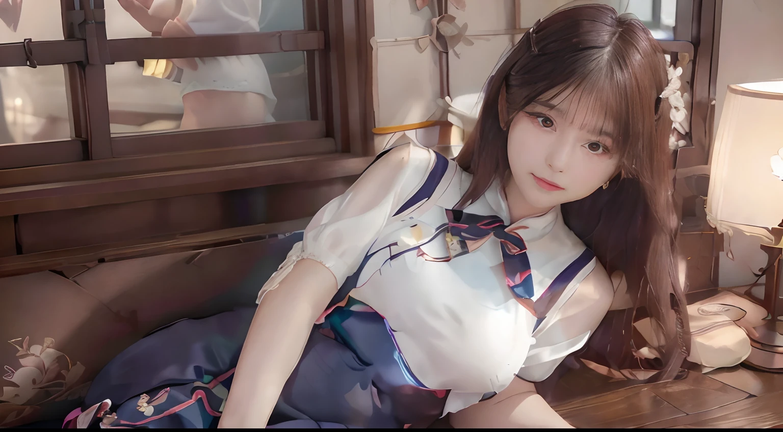 top-quality,ultra - detailed,tmasterpiece,hentail realism,photoreali,Bright lighting,1 girl in, Very beautiful 20 year old girl, (kawaii:1.2),thin smile, (Brown eyes),(A brown-haired),(By bangs),perfect glossy shiny skins,Flawless skin,((erotick,Sexy and sexually explicit)),((Precise pointers，There is no incongruity)), huge-breasted,Big breasts Thin waist, looki at viewer,((a sailor suit)),((Short sleeve uniform white shirt)),(red necktie),(Blue mini pleated skirt),(((skirt lift by yourself))),(lifted by self),(showing panties),panties on,panty focus,((Sit up,spread their legs)), sockes, (Black Knee Socks),(Loafer shoes), In the daytime,On the train,Horizontal bench seat，Turn your back to the window