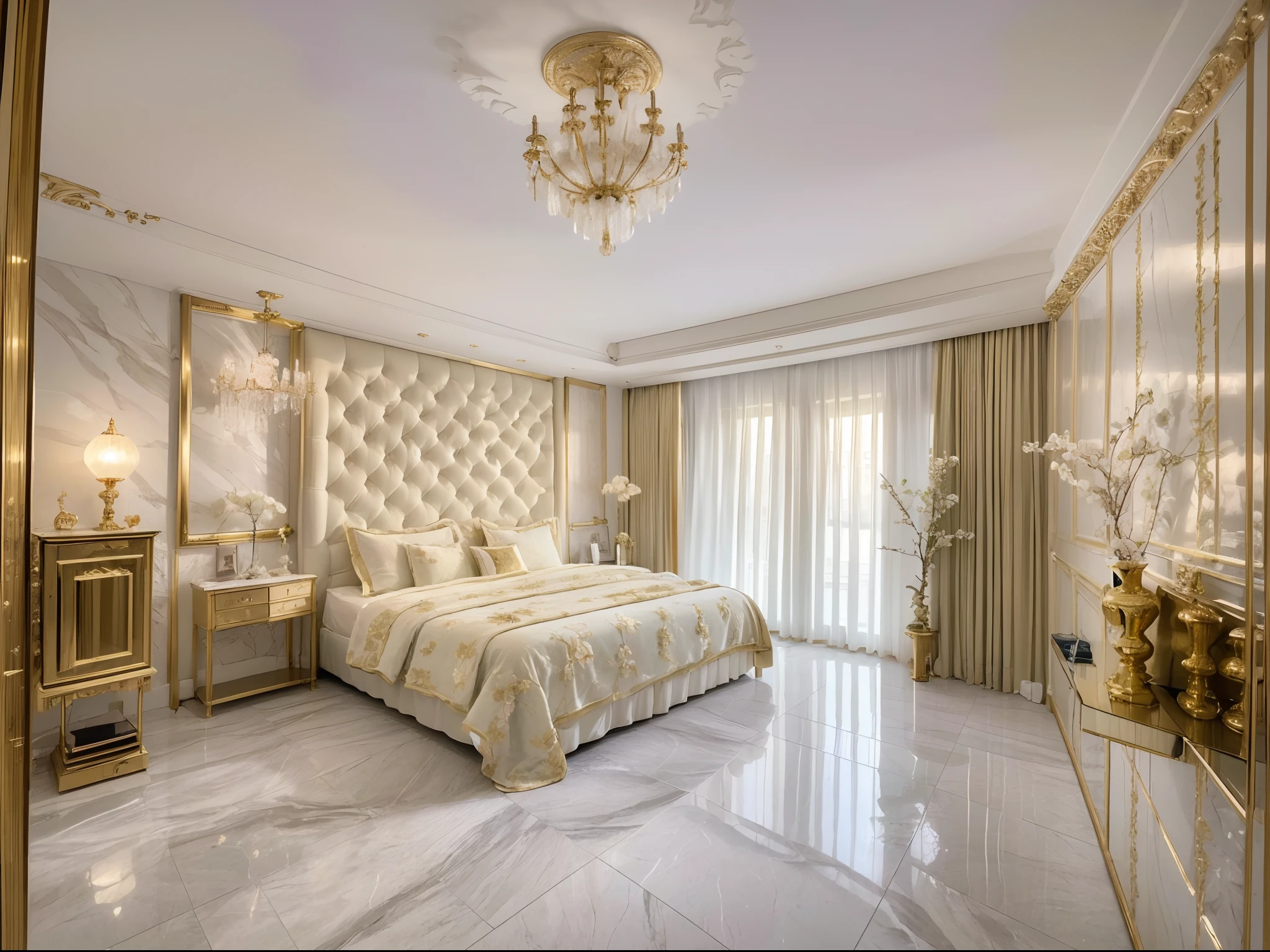 (best quality,4k,8k,highres,masterpiece:1.2),ultra-detailed,(realistic,photorealistic,photo-realistic:1.37),luxurious palace,bedroom with flowing pearl white marble walls,gigantic gold-edged ornate carved headboard, dreamy blue ceiling that resembles a sparkling ocean of the galaxy,soft wall lights, top-tier cashmere bedding and Italian high-thread-count sheets, romantic violet flowers embellished on the bedsheet, giving a warm and cozy feeling like walking in the spring breeze.background music playing softly, leading you into a dreamlike fairytale world.