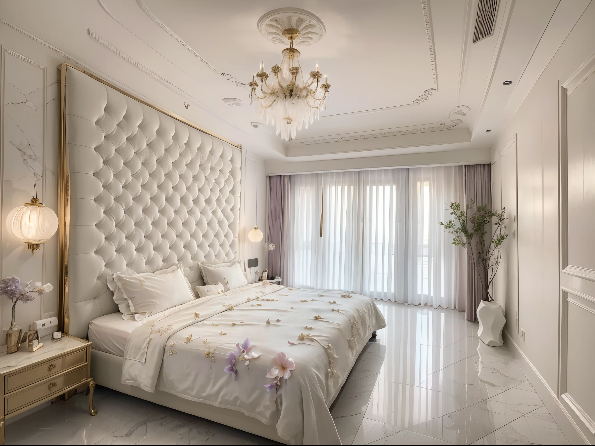 (best quality,4k,8k,highres,masterpiece:1.2),ultra-detailed,(realistic,photorealistic,photo-realistic:1.37),luxurious palace,bedroom with flowing pearl white marble walls,gigantic gold-edged ornate carved headboard, dreamy blue ceiling that resembles a sparkling ocean of the galaxy,soft wall lights, top-tier cashmere bedding and Italian high-thread-count sheets, romantic violet flowers embellished on the bedsheet, giving a warm and cozy feeling like walking in the spring breeze.background music playing softly, leading you into a dreamlike fairytale world.