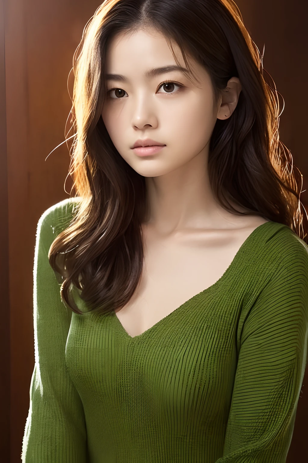 masutepiece:1.2, High quality, Best Quality, High resolution, Detailed, Hyper realistic, girl with, the neck is a little long、、Natural perm、curly hairstyle、 Cute Ultramarine Dress,Long sleeve dresses、Beautiful collarbone、 Head tilt, Sunset, a park、Colored leaves,Ginkgo tree、 Portrait, (Detailed face), ((Sharp Focus)), ((Face)), The upper part of the body_Body、(((I can't see the background:1.3)))