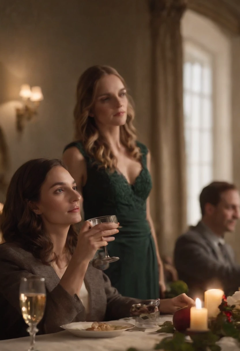 a woman standing with a glass of poison in her hand, Behind her is her family sitting at a large table, the background image of the family is blurred the woman is facing and when her family is at the back of the image, Perfection of great quality in masterpiece of extraordinary detail