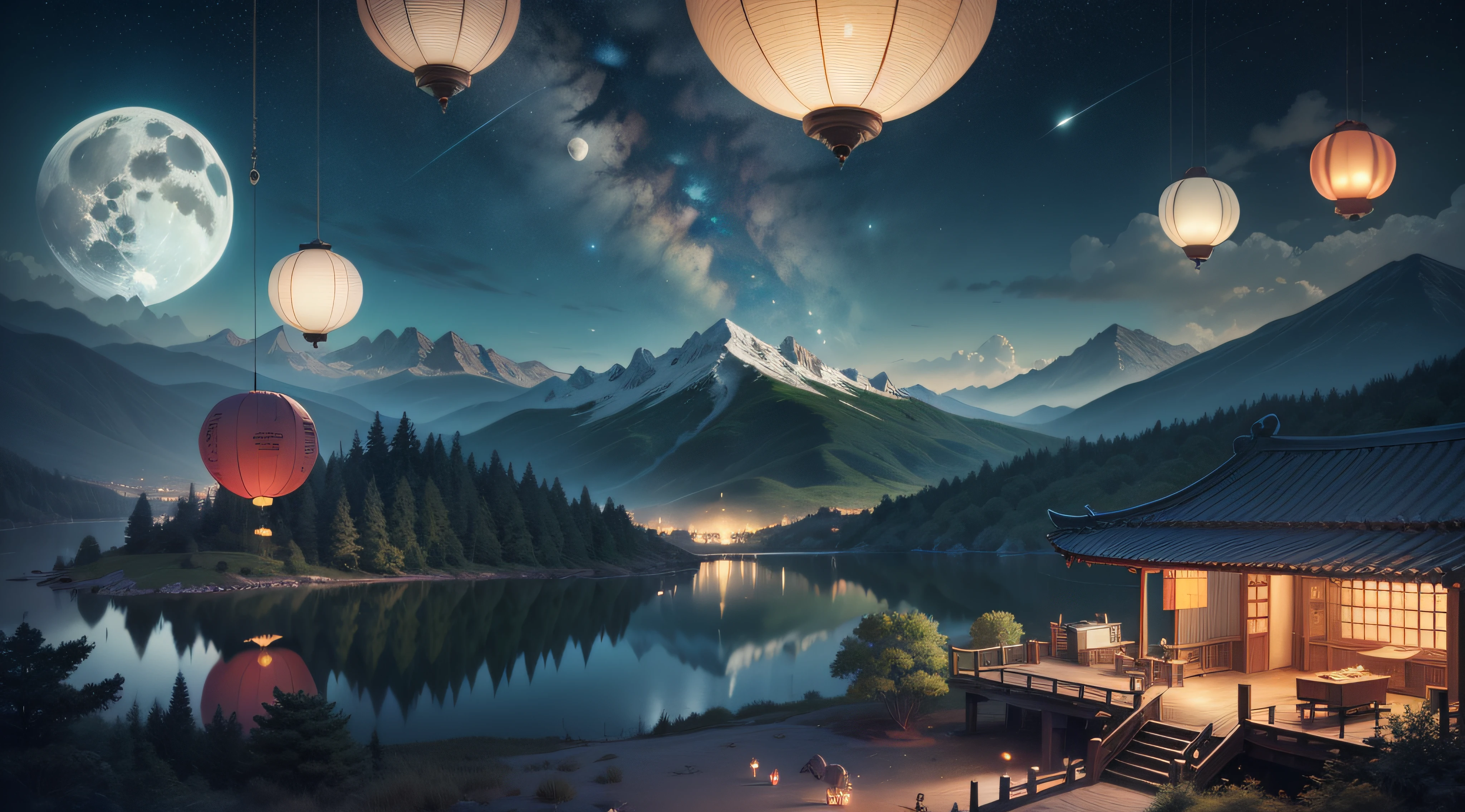 tmasterpiece，Best quality at best，（Very detailed CG unity 8K wallpaper），（Best quality at best），（The best illustrations），east asian architecture，paper lanterns、China-style、inside in room，Panoramic windows、（Huge Full Moon、In the middle of thepicture）、Far Mountain、Cloud、aquarelle、lakes、As estrelas、meteors、poster for、（glowworm），butterflys，（with light glowing），（Particle effect）， Isometric 3D, Octane rendering, Ray traching, ultra-detailliert