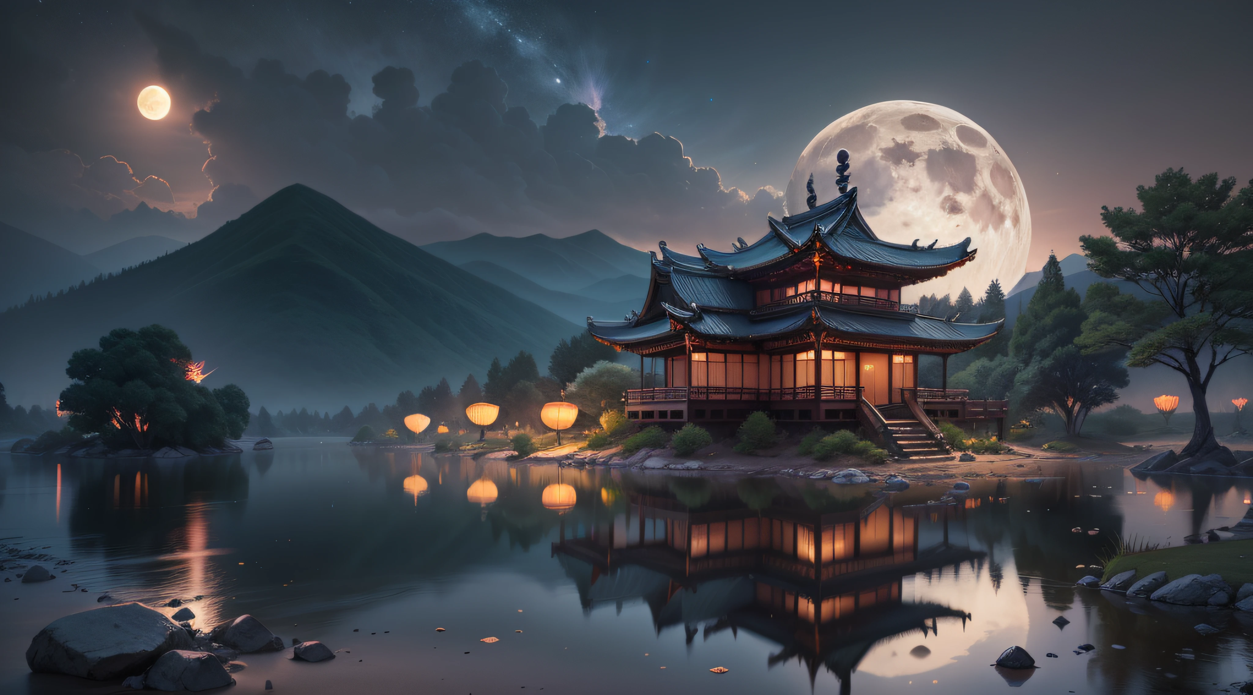 tmasterpiece,Best quality at best,(Very detailed CG unity 8K wallpaper),(Best quality at best),(The best illustrations),east asian architecture,paper lanterns、China-style、inside in room,Panoramic windows、(Huge Full Moon、In the middle of thepicture)、Far Mountain、Cloud、aquarelle、lakes、As estrelas、meteors、poster for、(glowworm),butterflys,(with light glowing),(Particle effect), Isometric 3D, Octane rendering, Ray traching, ultra-detailliert