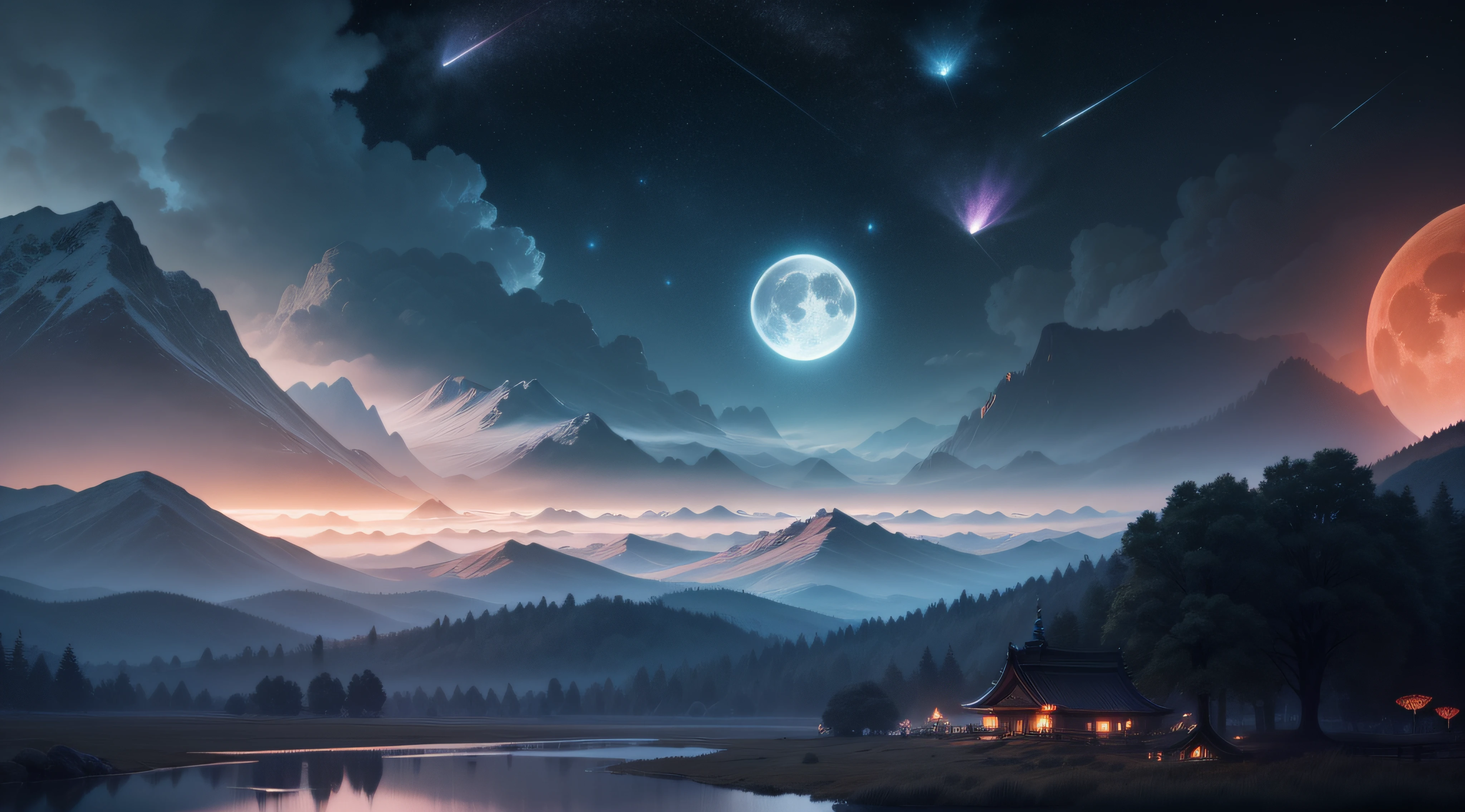 A painting of a mountain scene with a lake and a full moon - SeaArt AI