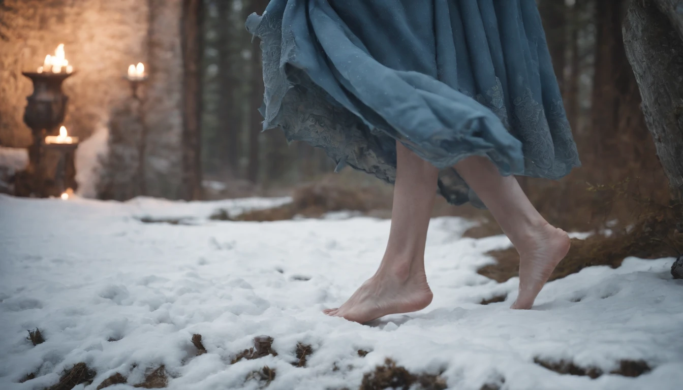 close up shot of naked feet peeking out from a blue grey tattered medieval dress, running over snow, night, darkness, forest, eerie, mystical, stained dress, cinematic scene from film