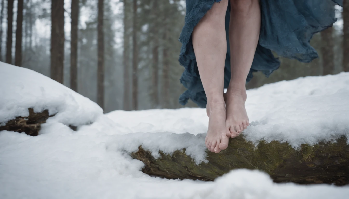 close up shot of naked feet peeking out from a blue grey tattered medieval dress, running over snow, night, darkness, forest, eerie, mystical, stained dress, cinematic scene from film