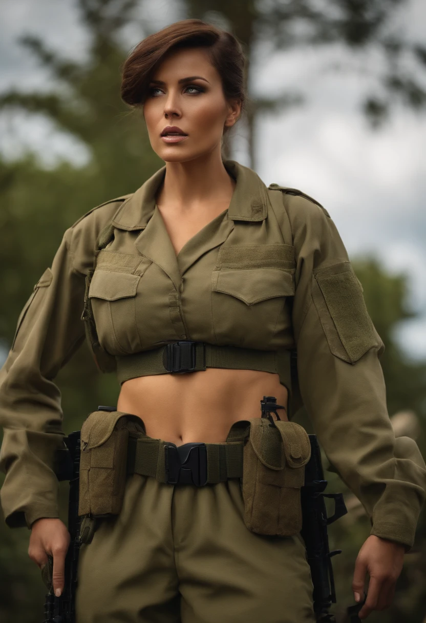 A beautiful Soviet female soldier，White race，dignified，The upper part of the body，showing armpit、(full body seen:1.3)