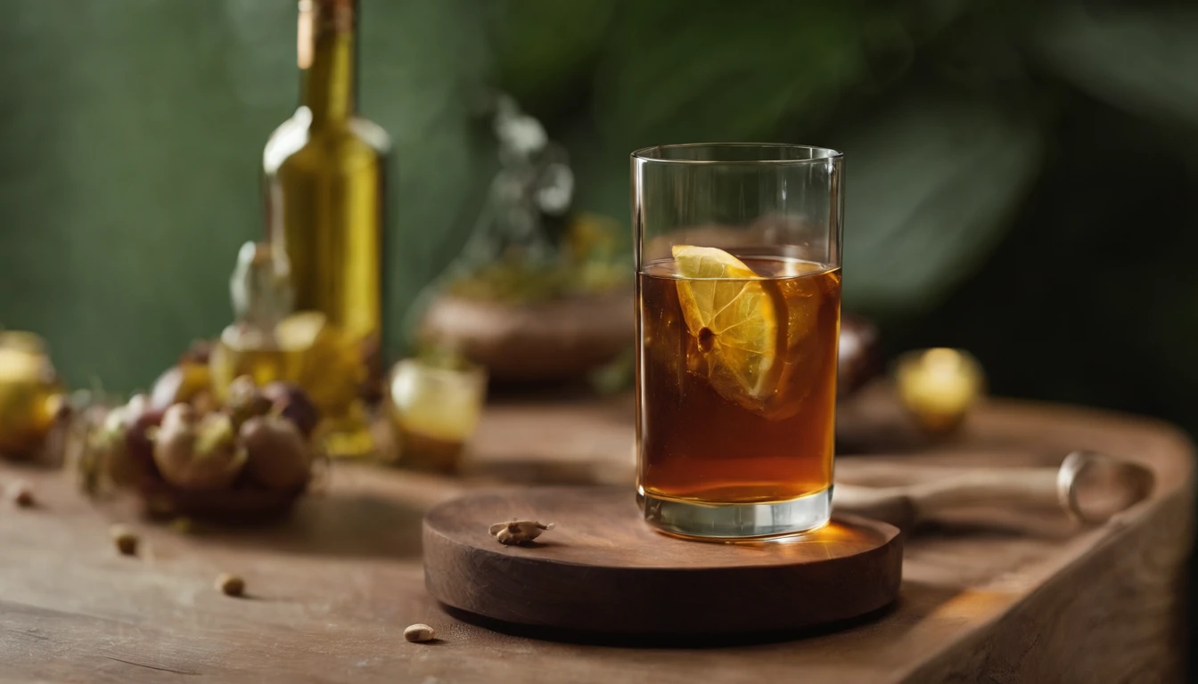 Pour the laurel sweet alcohol,Close-up 30-degree elevation angle,Golden amber wine body,warm lights,glass,iced,Wooden table base,best qualtiy