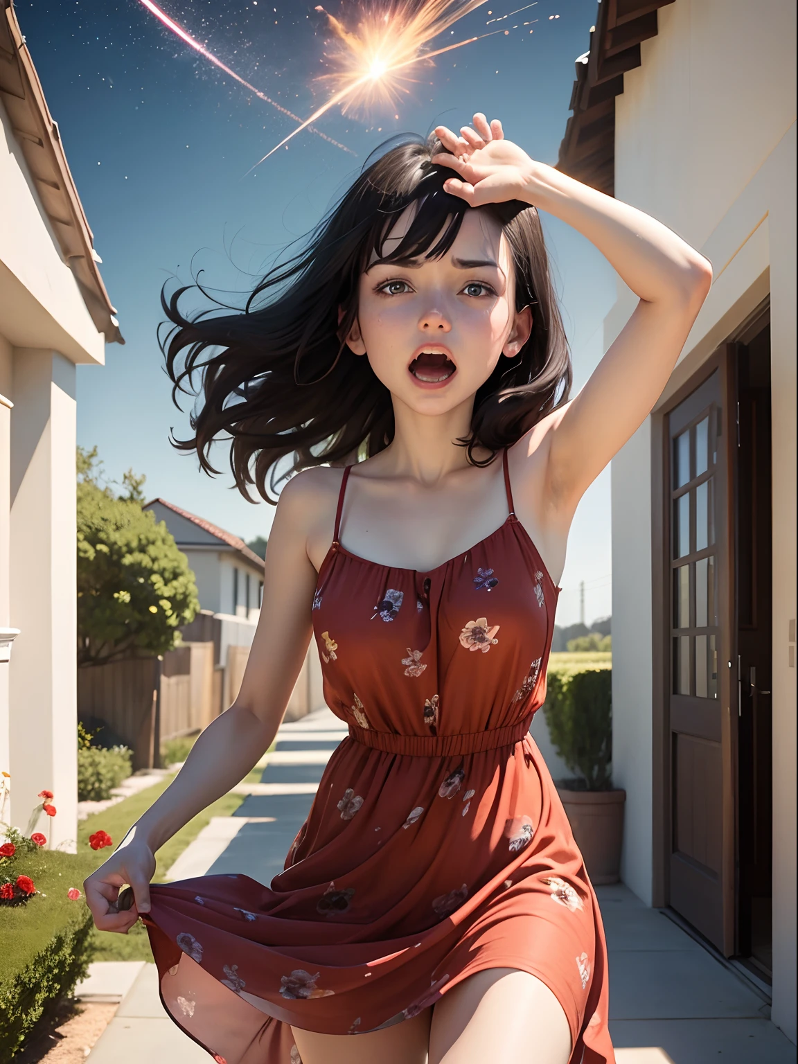 30 year old woman, pale skin, blue eyes, medium length black hair blowing in wind, terrified expression, mouth open, screaming, staring horrified up at meteorites in the sky, staring upwards, wearing red floral summer dress, bare arms, charging into garden, patio door, sunny day, 6 year old girl crying in background, fiery meteorites streaking across the sky