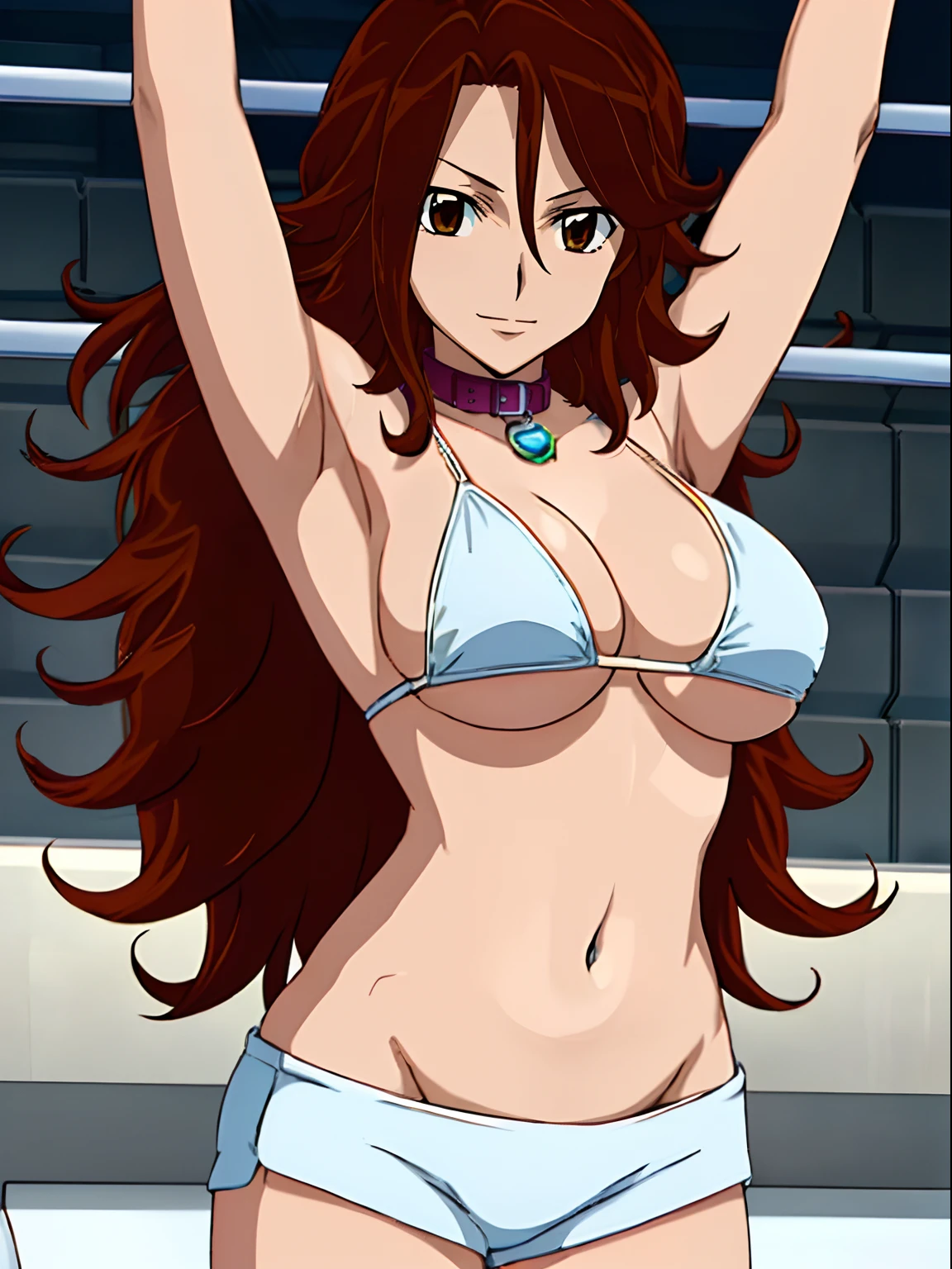 cowboy shot, upper body view, anime style: 1.8, anime drawing, ultra detailed face, ultra detailed body, 4k, Sumergai Lee Noriega, (standing), best quality, anime style, hires, highest definition, digital blending, bold drawing lines, ((slender body, female wrestler), (location: wrestling arena, crowds watching), (weak body, slender body, broad shoulders, , little biceps, thighs), ((white micro bikini, shorts, groin, white boots, don't show hands, collar)), victorious, winner, smile, , (big breasts), (big eyes, brown eyes), (warming up), (brown hair, loose hair, curly hair, wavy hair, long hair, missy hair), 27 years old, (show both armpits)