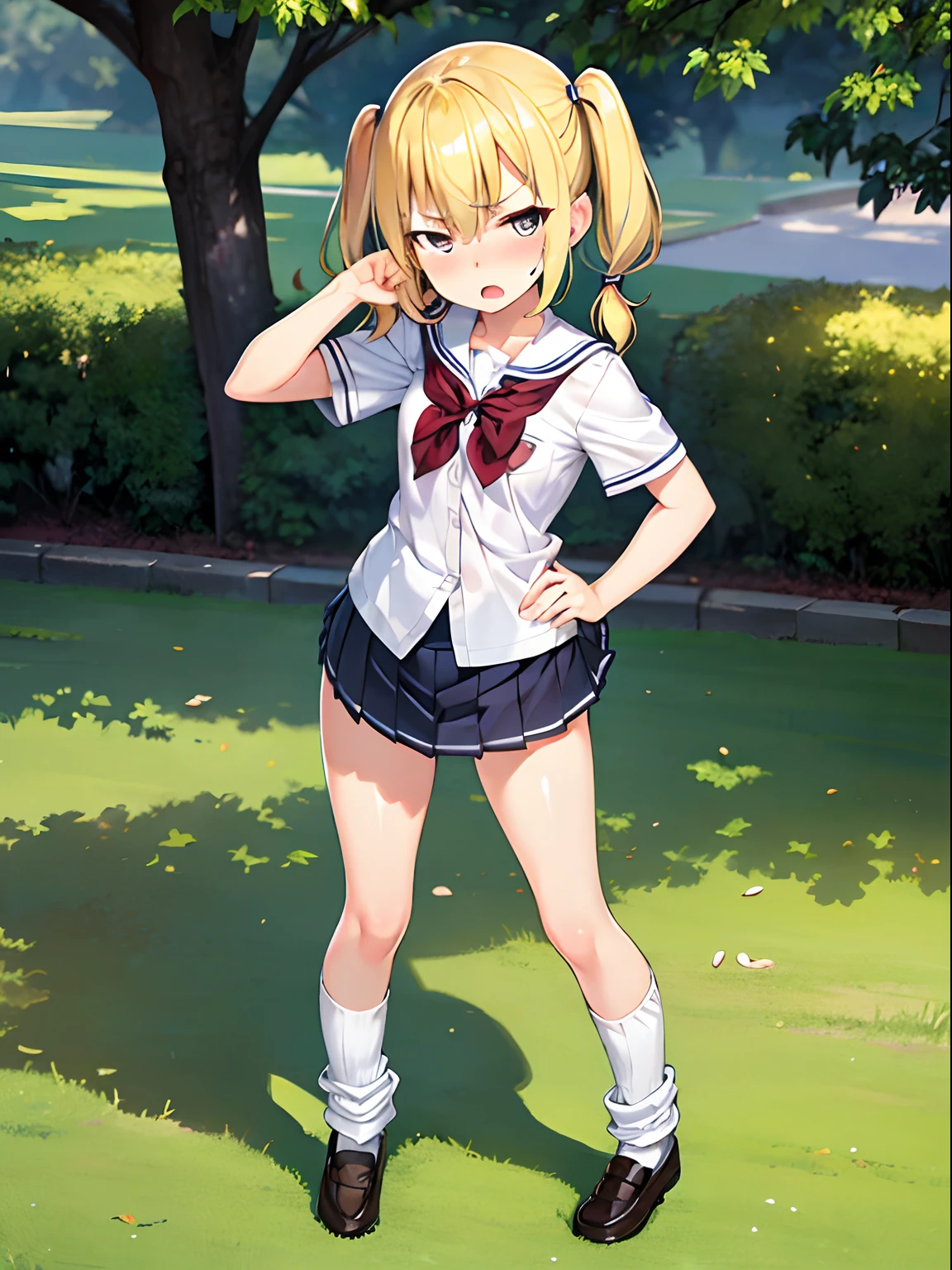 Highly detailed and realistic CG, Colorful, Masterpiece, Best Quality, jewel-like eyes, daizu, 1girl, solo, ****, child, lemin yellow hair, short hair, long twintails, shiny hair, black school uniform, miniskirt, loose socks, school shoes, shiny eyes, jig eyes, half-closed eye, full body, petite, midium breasts, blush, displeasure, grumpy face, skinny legs, hand on hip, open mouth, standing on grassland,