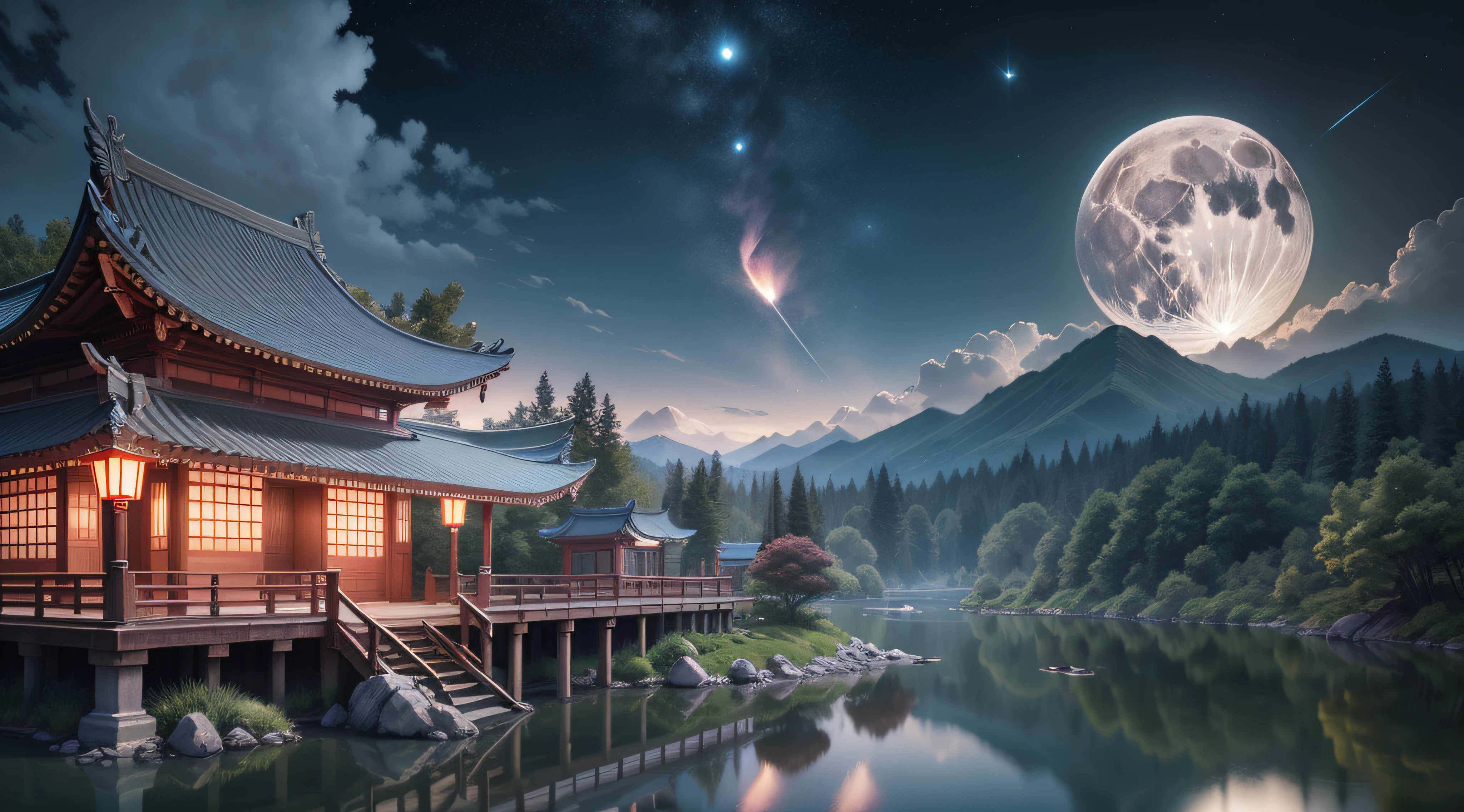 tmasterpiece,Best quality at best,(Very detailed CG unity 8K wallpaper),(Best quality at best),(The best illustrations),east asian architecture,paper lanterns、China-style、inside in room,Panoramic windows、(Huge Full Moon、In the middle of thepicture)、Far Mountain、Cloud、aquarelle、lakes、As estrelas、meteors、poster for、(glowworm),butterflys,(with light glowing),(Particle effect), Isometric 3D, Octane rendering, Ray traching, ultra-detailliert