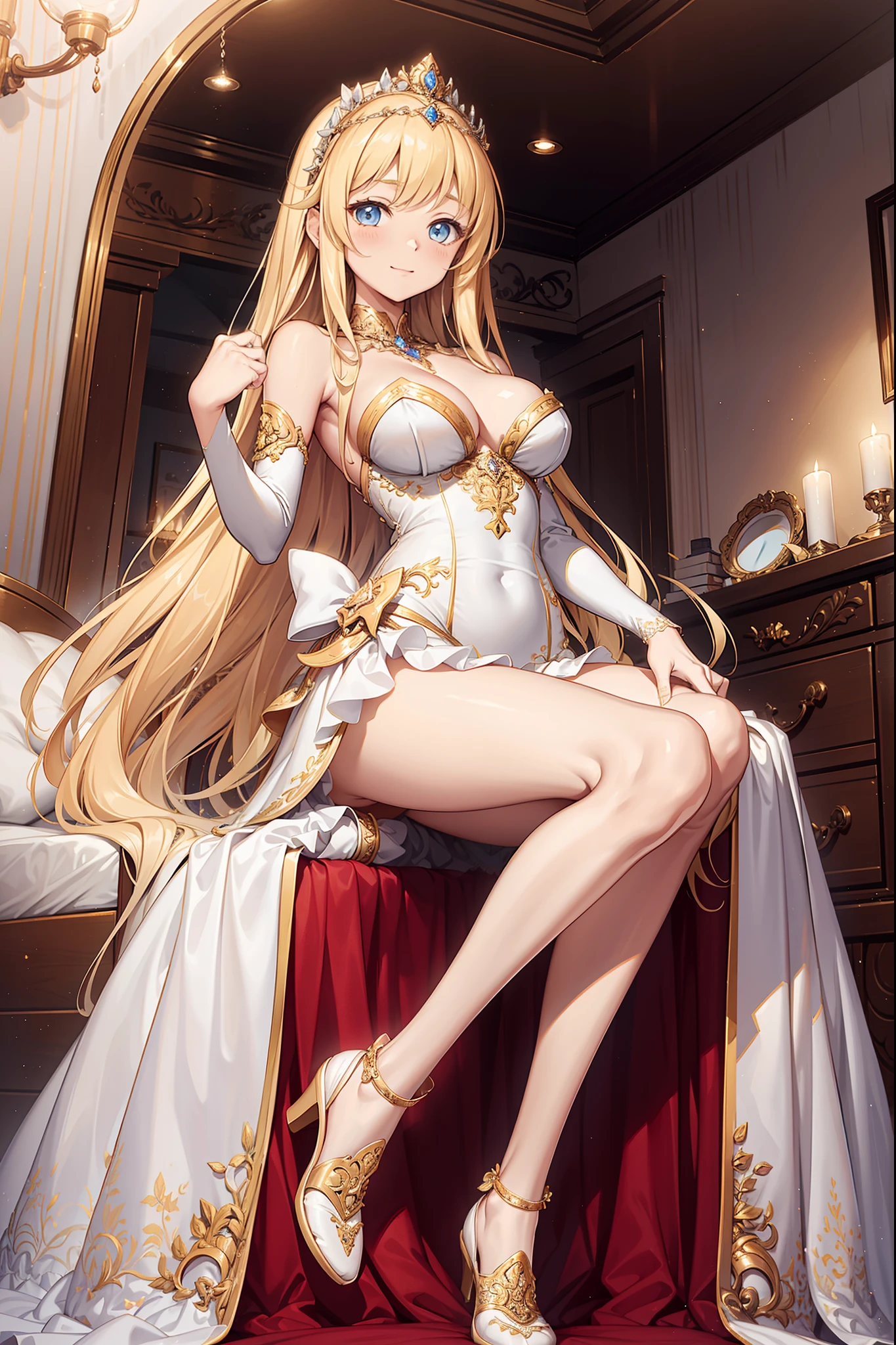 teens girl,Enchanted,opulent,Being in love,divino,Seductive pose,(Yellow and white princess dress:1.3),blond hairbl,eBlue eyes,Maximalism,Multiple layers of delicate ruffles,Lots of lace,(Delicate pattern:1.1),(exquisite costumes:1.1),Princess Crown,see-through transparent clothes,Beautiful detailed face,Bedroom scene in Western mythology,Movie lighting,the night,solo person,(Flowing skirt:1.1),metal decoration,Lace,(Shine:1.2), (Best quality), (Masterpiece:1.2),