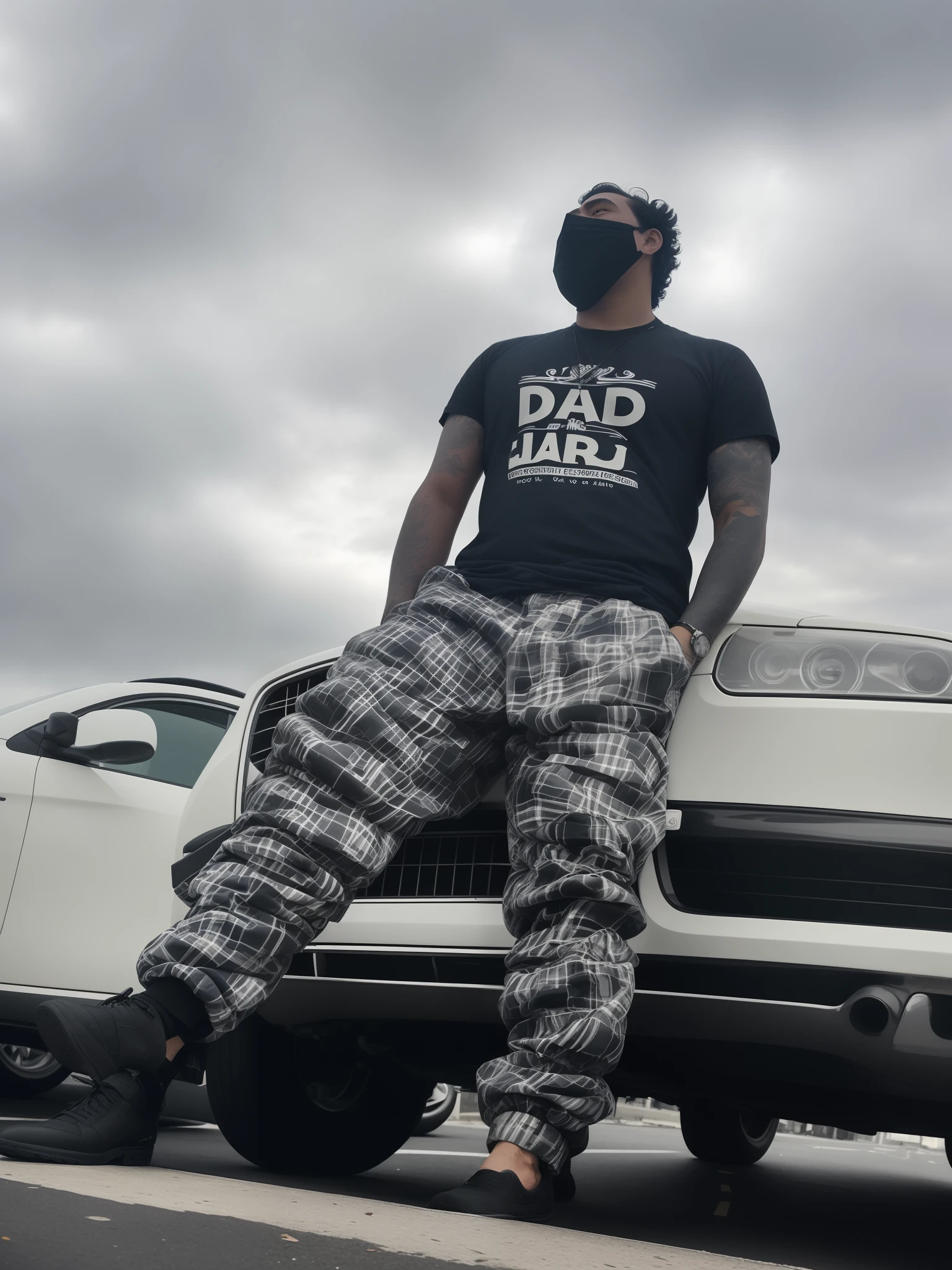 arafed man sitting on a curb next to a parked car, daddy, full body picture, cool dad vibes, dadaist, dada, official product photo, dada 20s, acclaimed masterpiece, full body portrait shot, standing in a parking lot, full body length shot, paid artwork, mid shot portrait, guapo, never seen before, full body photograph strong beast