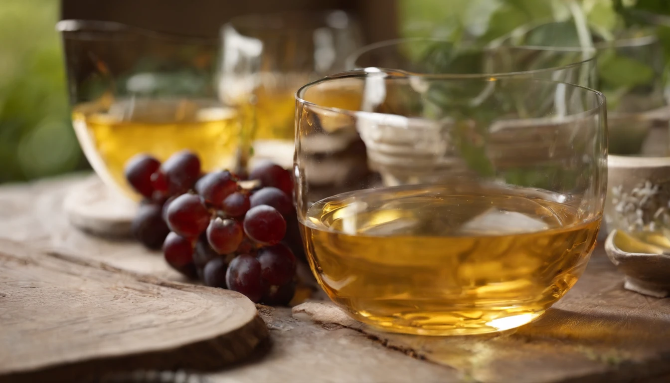 （Pouring the laurel sweet alcohol），show the process of pouring wine，Close-up 30-degree, ((elevation angle))，Golden amber wine body，warm lights，glass，iced，Wooden table base，best qualtiy