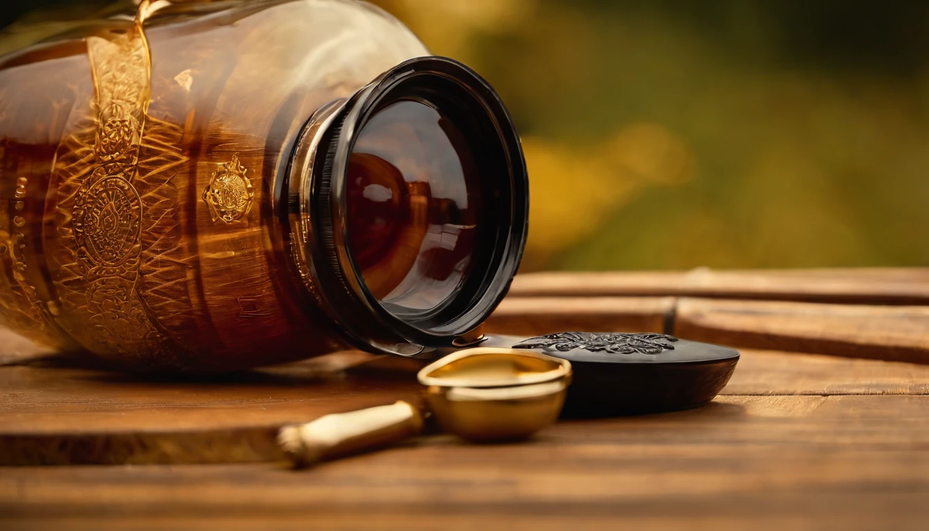 Pouring the laurel sweet alcohol，Close-up 30-degree, ((elevation angle))，Golden amber wine body，warm lights，glass，iced，Wooden table base scripture，best qualtiy
