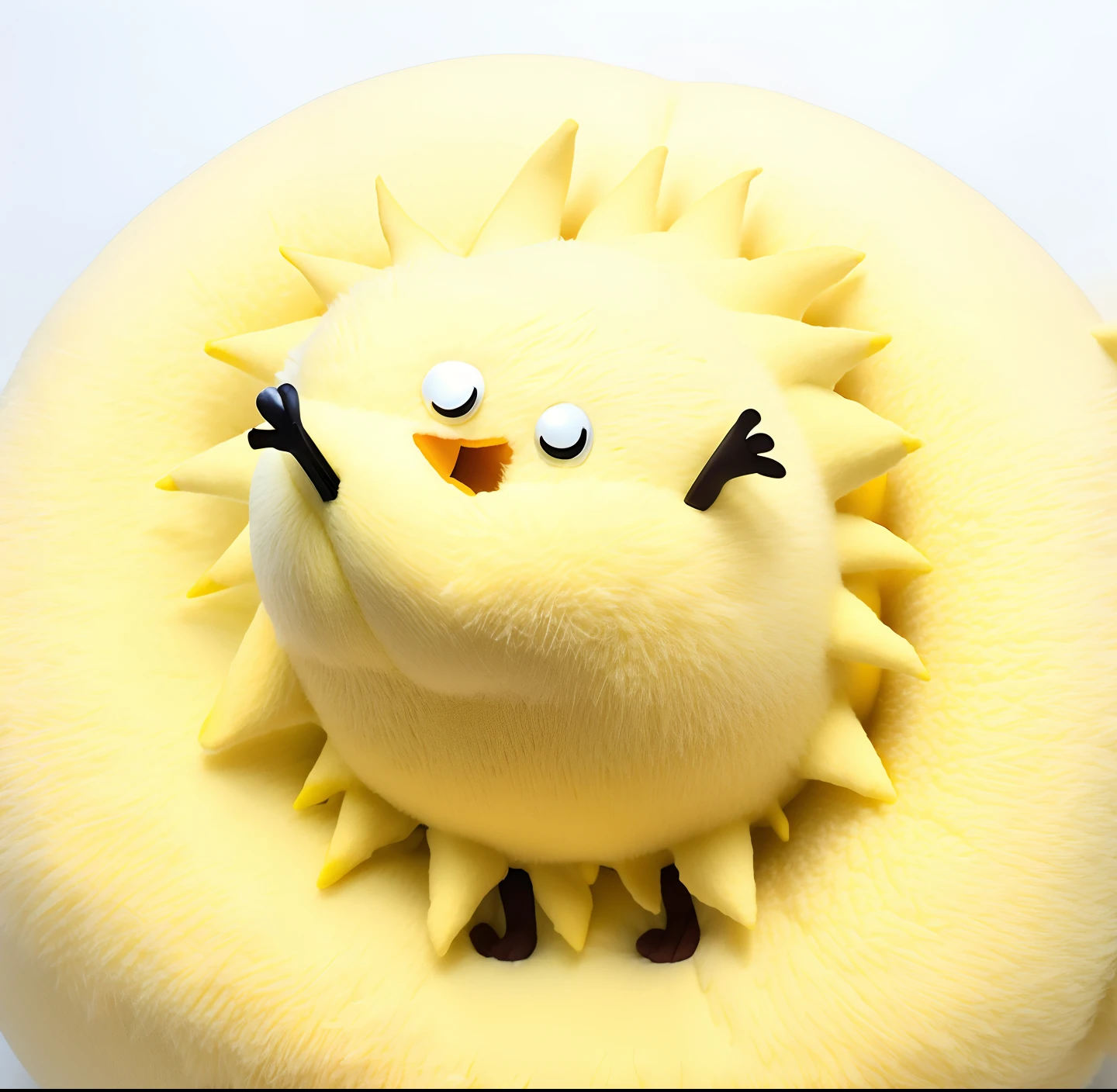 Close up of stuffed yellow hedgehog standing on white surface, Jellycat,fluffly, stuffed animal, plushies,stuffed toy, Three-dimensional, Plump,Mascot character、tailor、plushies、simplicity、Clean lines、Minimal color、negative space、Minimal still life、bushy、