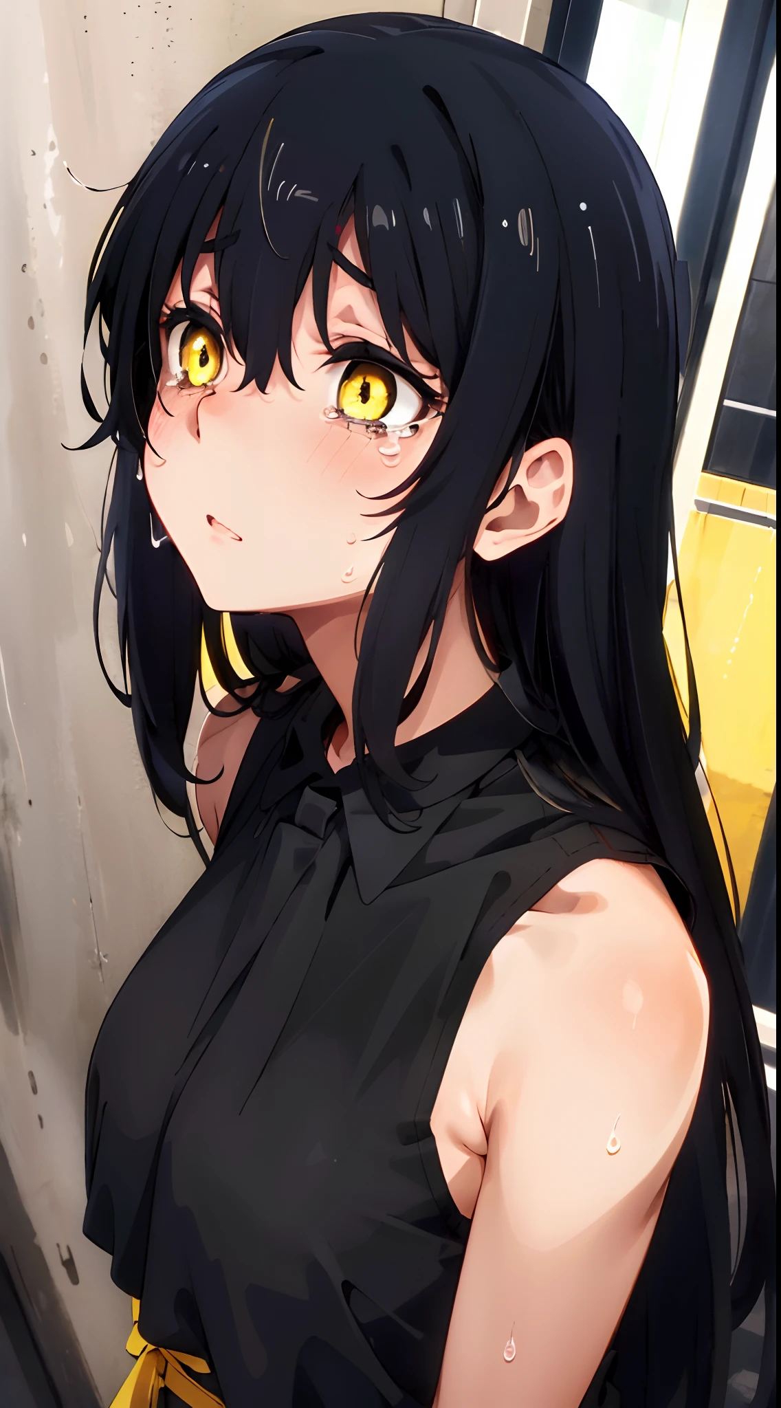 (mieruko:1.3), 1girl, scared, tears, sweat drips, yellow detailed eyes, long black hair, big eyes, (open mouth:0.1), detailed pupils, hdr shadows, ((elegant clothes)), sleeveless.