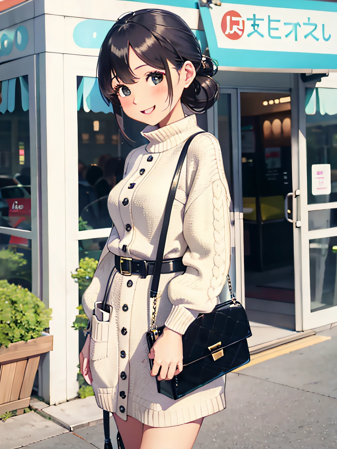 Detailed background、top-quality、Business District、30 generations of beauty、Cute hairstyle、huge-breasted、Smiling、Ladylike knitted dress style、Choosing a midi length knitted dress、On top is、Mark the waist with a woolen long cardigan or belt、Emphasize the silhouette、Align your feet with tall boots or loafers、Small clutch bag、One bag