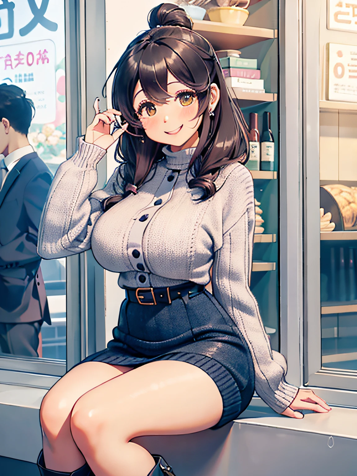 Detailed background、top-quality、Business District、30 generations of beauty、Cute hairstyle、huge-breasted、Smiling、Ladylike knitted dress style、Choosing a midi length knitted dress、On top is、Mark the waist with a woolen long cardigan or belt、Emphasize the silhouette、Align your feet with tall boots or loafers、One bag