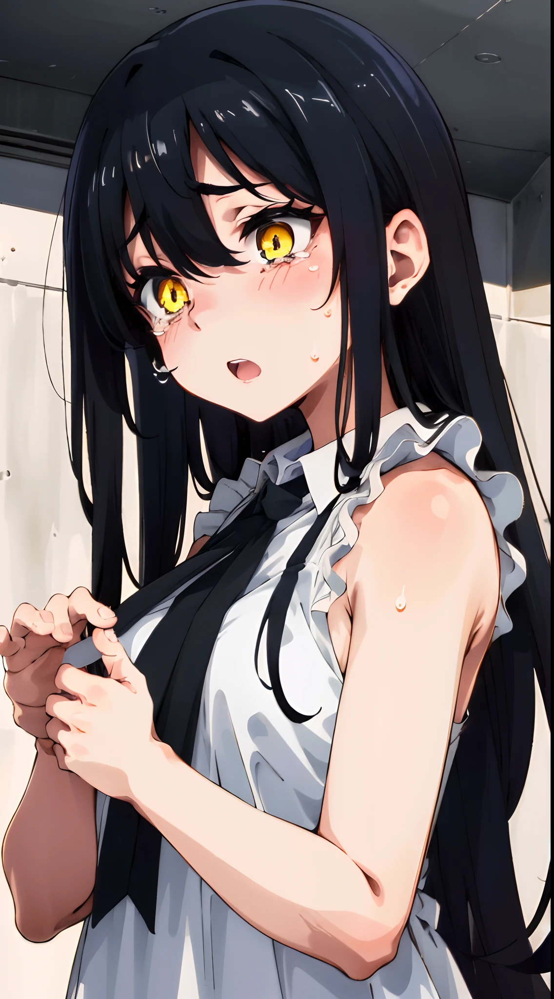 (mieruko:1.3), 1girl, scared, tears, sweat drips, yellow detailed eyes, long black hair, big eyes, (open mouth:0.1), detailed pupils, hdr shadows, (elegant clothes, sleeveless).