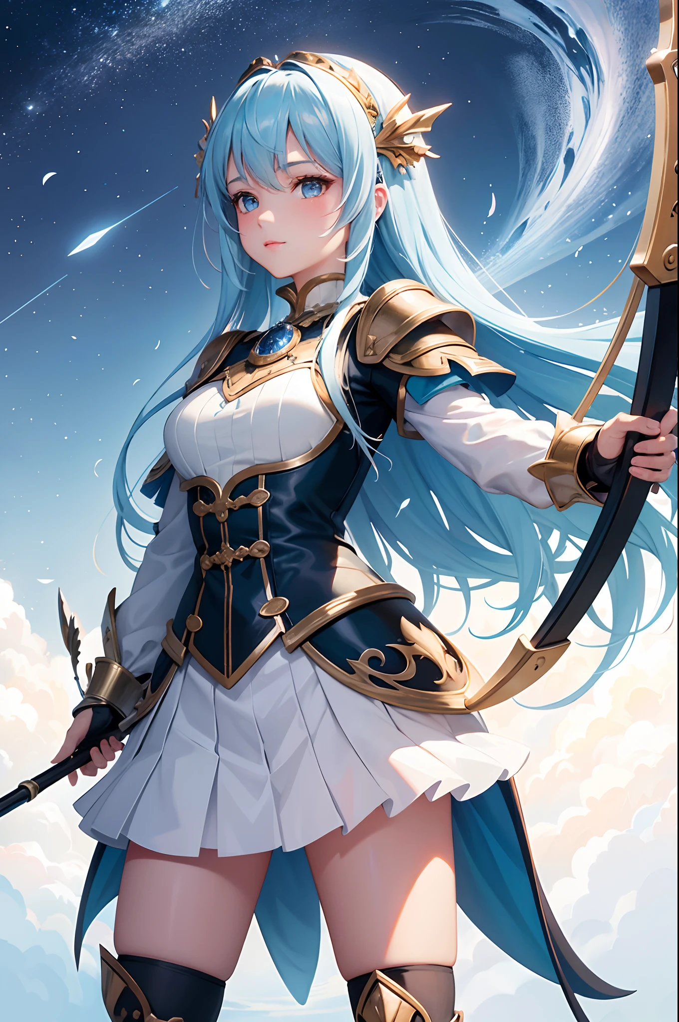 (((masterpiece))), (((best quality))), ((ultra-detailed)), (highly detailed CG illustration), ((an extremely delicate and beautiful)), cinematic light,((1girl)), solo, (upper body), (character focus), absurdres, high contrast, extreme detailed,colorful,highest detailed, science fiction, white gold armor, light blue long hair, goggles with wing on head, (light blue hair), red eyes, knee boots, (sky fantasy), petals mini skirt, bow and arrow, archery, dragons on background