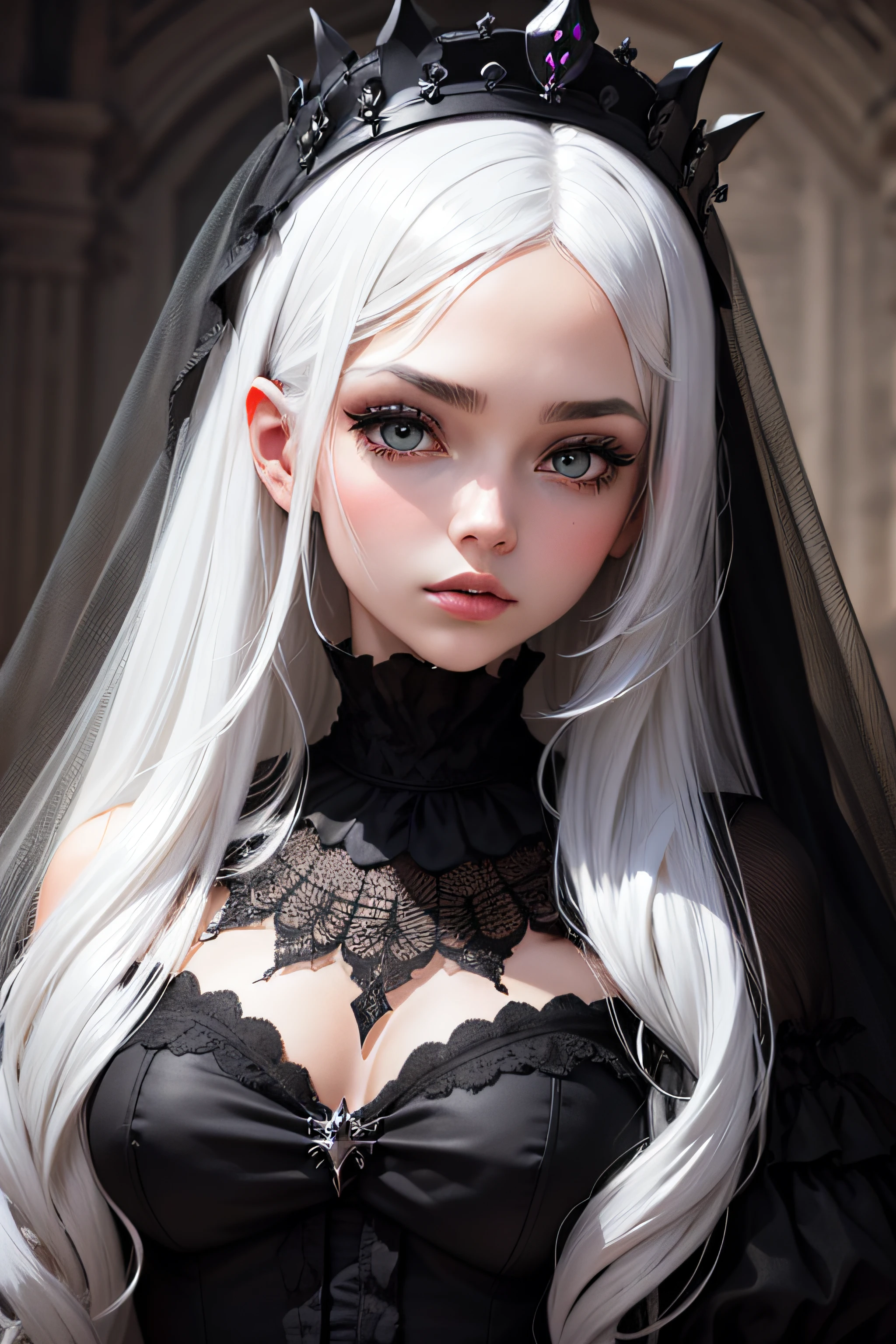 Veil on head, gray veil, white hair, gray white, Guvez art style, arrogant and indifferent nsfw woman, half-squinted, white eyeballs, white eyes, national style, gray-white,