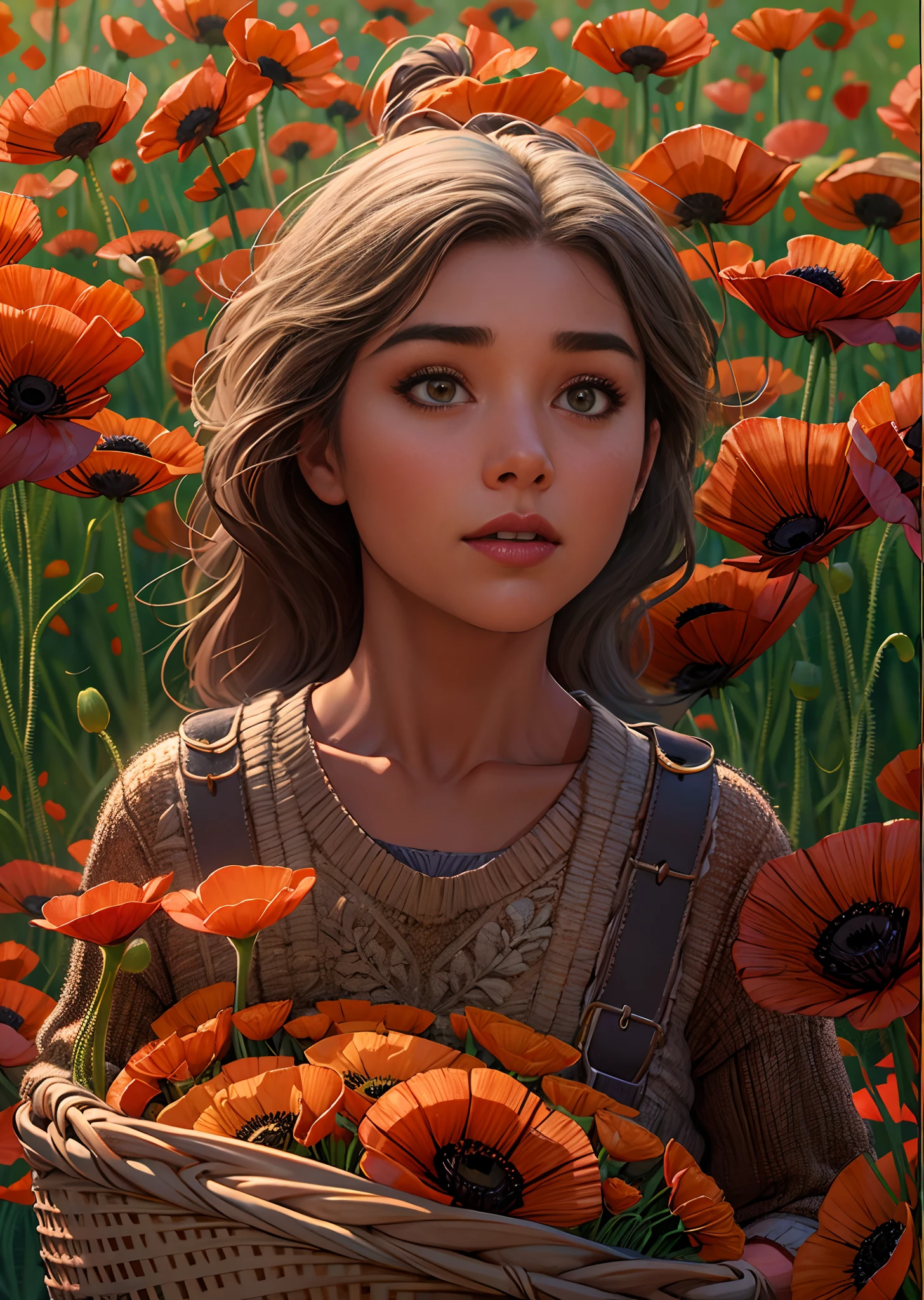(Pixar Style:1.25) waist-length portrait of young girl holding a basket of flowers grown with poppy flowers, natural skin texture, 4K texture, HDR, complex, very detailed, sharp focus, cinematic look, ultra-detailed