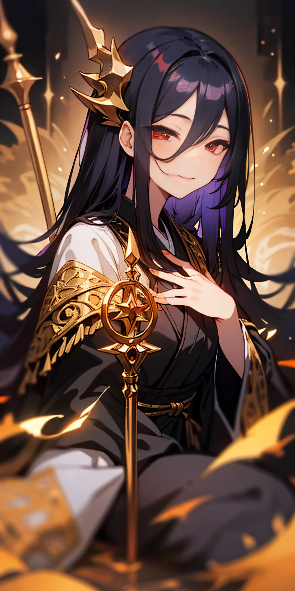 (tmasterpiece,best qualtiy),Long black hair,Wearing a black gold-encrusted mage robe,Beautiful girl with red eyes,sitting in the palace,holding a staff,With a smile on your face,blur foreground,The overall tone is dark