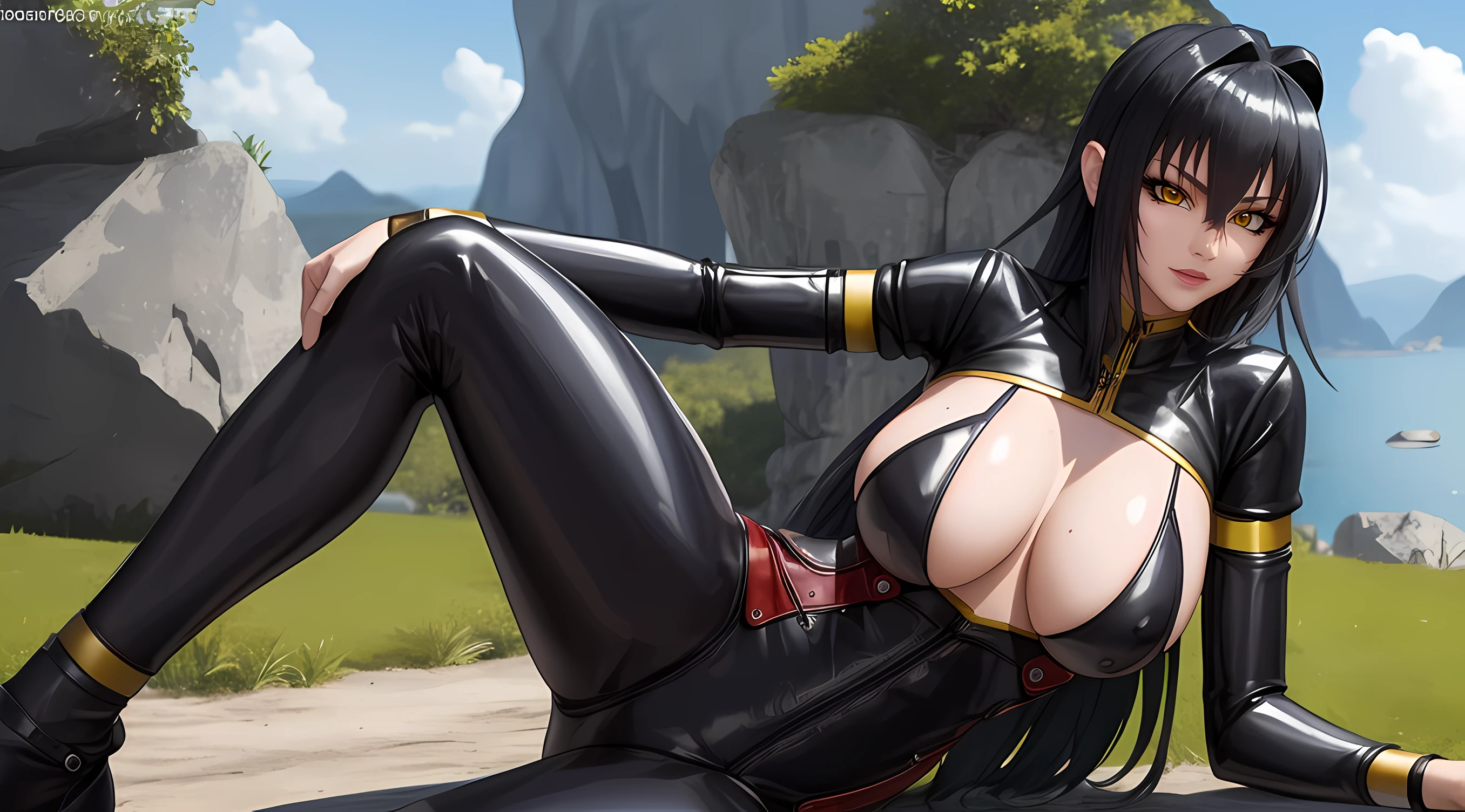 (masterpiece:1.4),(best quality:1.4), beautiful face, beautiful eyes, 1girl, solo, female mature, black hair, long hair, (yellow eyes:1.4), large breasts, black bodysuit latex, ((natural environment, bright day)), hair intakes, exquisite eyes detail, exquisite character design unreal engine details 8k hdr, professional art, landscape, (solo:1.5, 1girl:1.4), sexy body, milf, 35 years old girl, seductive, sitting, legs straddle, sexy waist