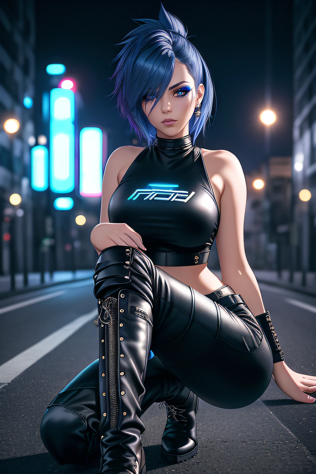 beautiful girl, full body, short bright blue dishevelled hair, black eyeshadow, (street style wear:1.2), ((tight fitted pants)), ((knee high leather boots)), (city night background:1.2), dark makeup, digital art, trending on artstation, highly detailed, fine detail, intricate, beautiful detailed glow, detailed, Cinematic light, high-res, detailed facial features, sharp focus, smooth, aesthetic,