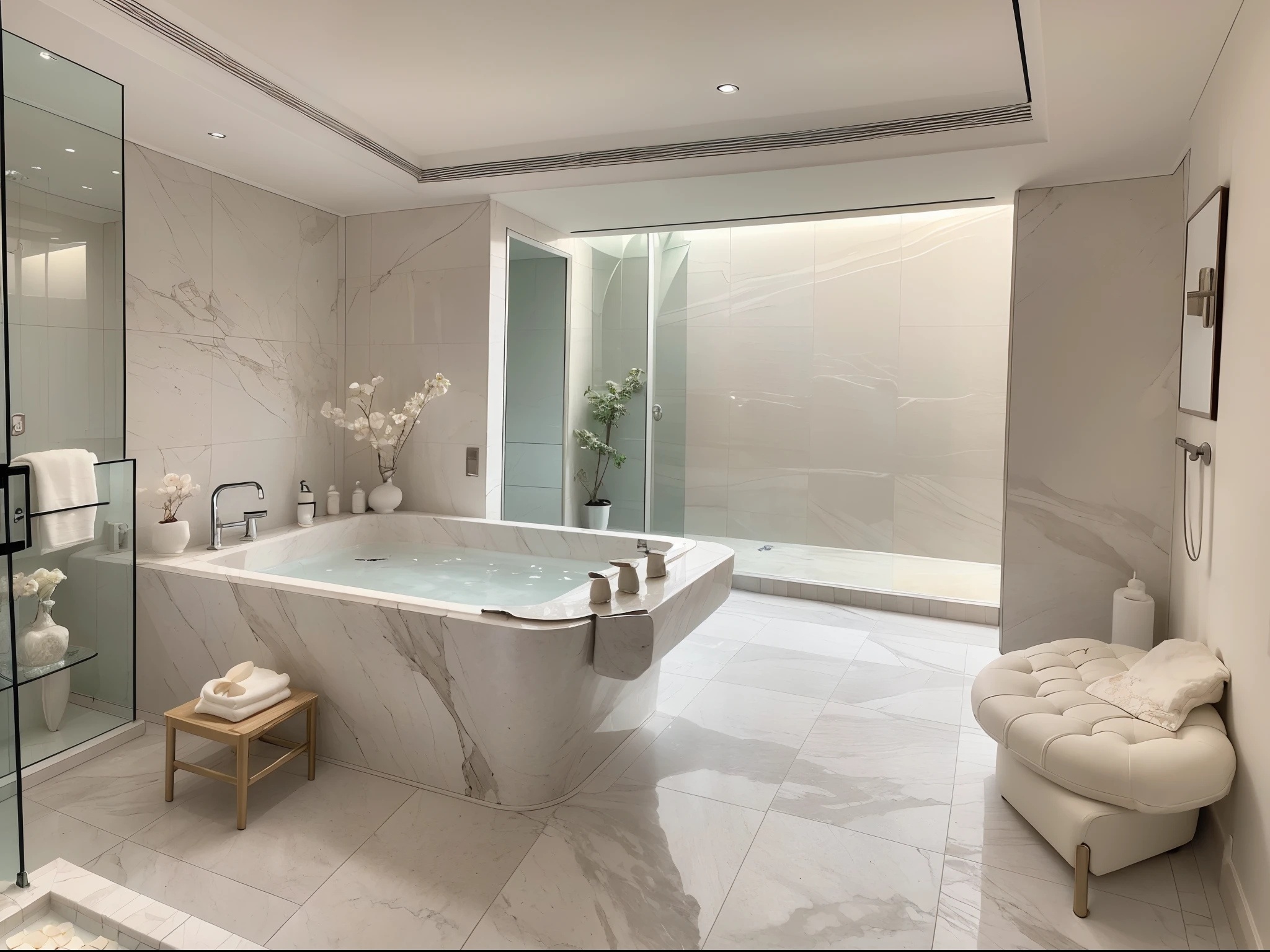 In this prompt, you want to generate an elegant and luxurious bathing space. The bathroom is adorned with pure white marble, giving it a pristine and clean appearance. On the marble countertop, there are delicate soaps and flower petals, adding a touch of artistry to handwashing. The bathtub is made of translucent blue glass, and when the light shines through it, the water surface reflects a beautiful play of light and shadow, as if you were in a fairyland. Accompanied by soft music and the fragrance of floating petals, bathing in this space will provide you with a complete sense of relaxation and purification for both your body and mind.

Use the following prompt to generate high-quality images:

"(best quality,4k,8k,highres,masterpiece:1.2),ultra-detailed,(realistic,photorealistic,photo-realistic:1.37),elegant luxurious bathroom,white marble decor,exquisite soaps,flower petals,tranquil ambiance,translucent blue glass bathtub,magical lighting,soft music,fragrant petals bath"