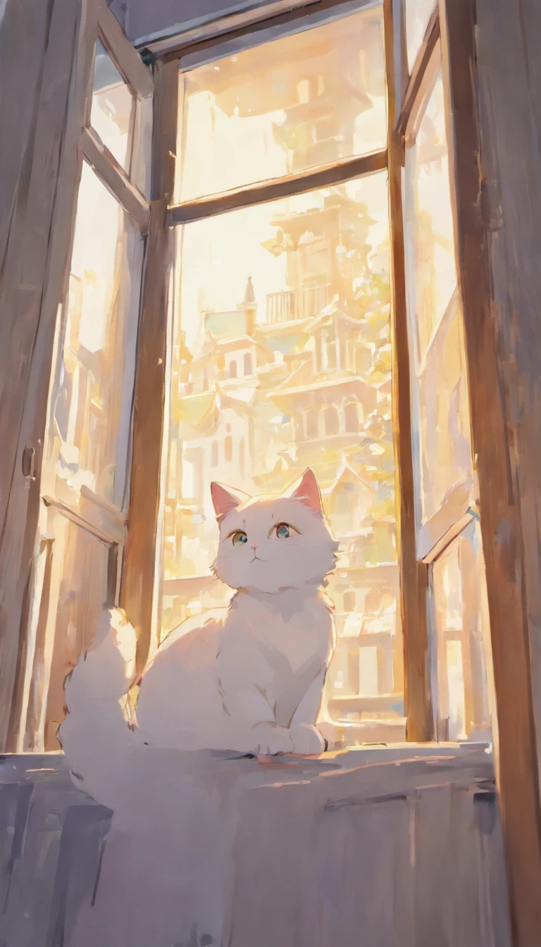 There was a white cat sitting on the windowsill looking back, anime cat, anime visual of a cute cat, realistic anime cat, Anime art wallpaper 8 K, Anime art wallpaper 4k, Anime art wallpaper 4 K, lofi portrait at a window, Anime wallpaper 4K, Anime wallpaper 4 k, 4K anime wallpaper, drawn in anime painter studio