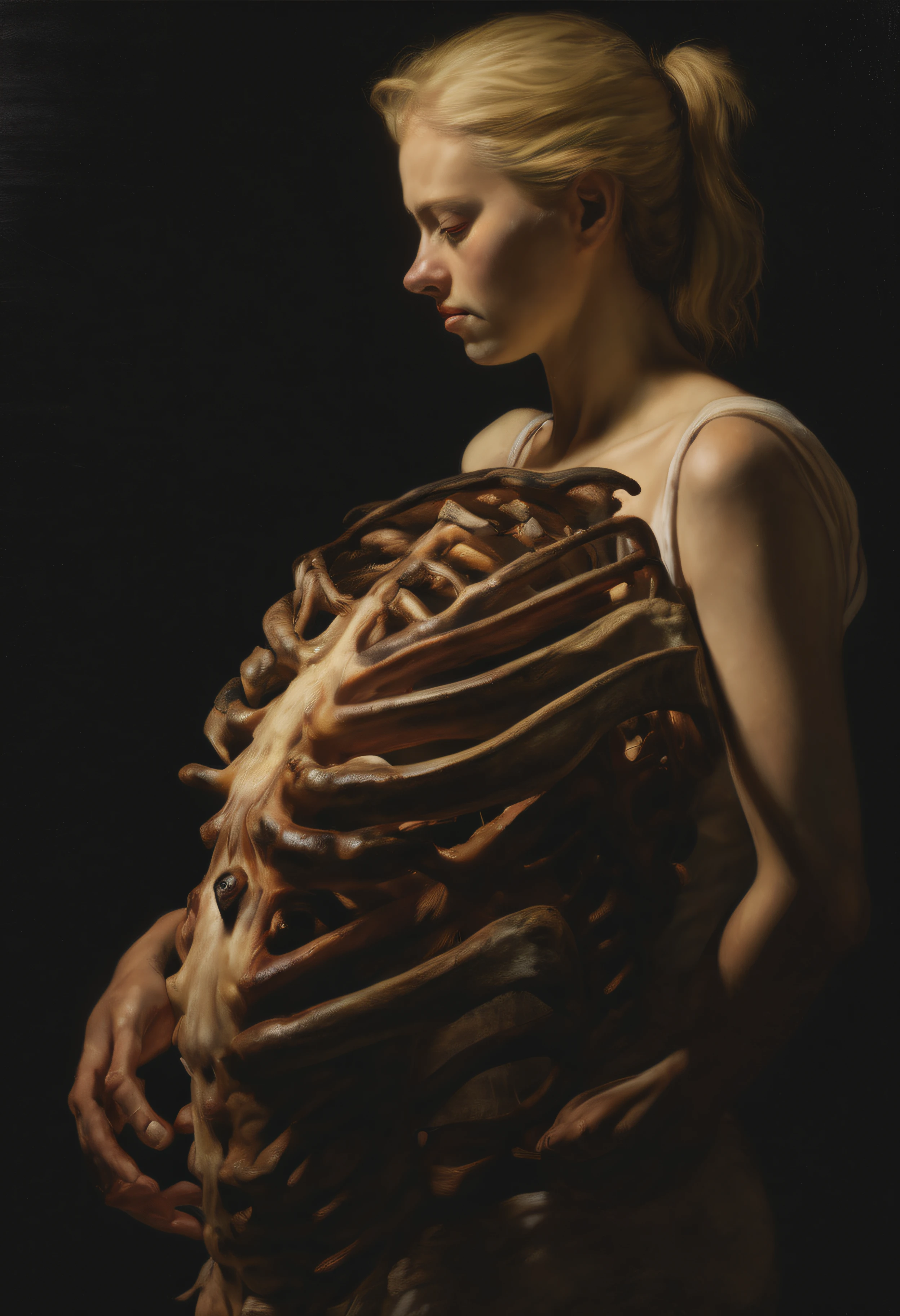 "(The best lighting, alto contraste, oscuro, dramatic),(Chica rubia junto a una cabra negra gigante, Open the rib cage, feto, autopsia, huesos humanos, sangre por las paredes). Luz Caravaggio"