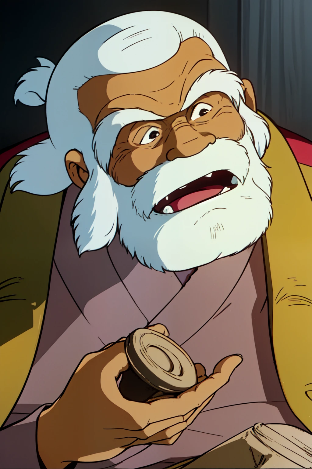 1 old man, 60yo, ANDO-SENSEI \(the dagger of kamui\), White hair, a short, small topknot, a long beard, few missing teeth, three-paku eyes, black eyes, a rounded back, short height but a sturdy physique, face close-up, face focus, upper body, open your mouth and laugh,