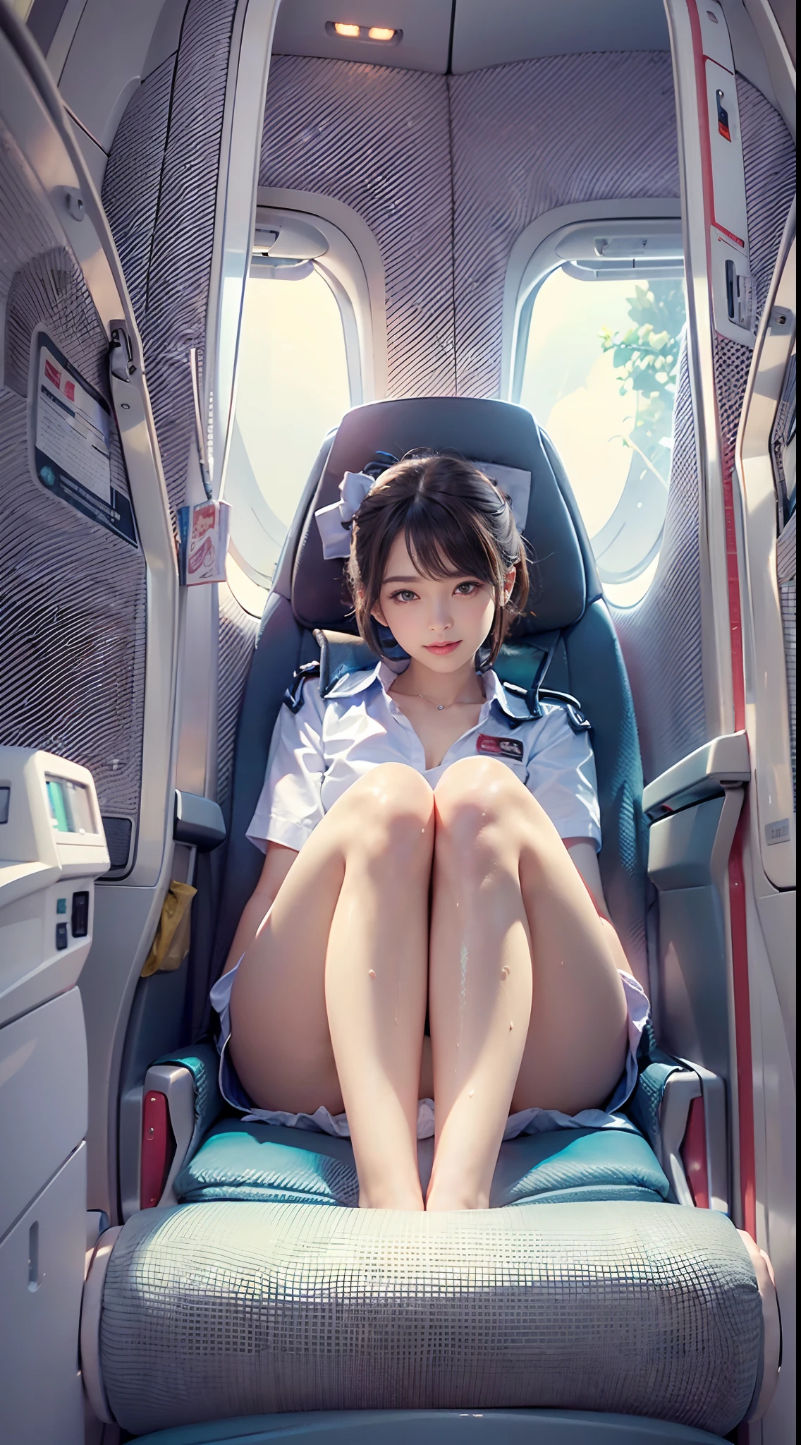 (NSFW), 1womanl, Solo, 24 year old, 7headed body, (cute face), (Ideal ratio body proportions), Inside a passenger aircraft, Stewardess uniform, (((Sitting on legs with bent knees))), (((Spread legs))), (((Open your crotch wide))), (((Open your knees to the right and right))), (((Spread your knees from side to side))), ((a miniskirt)), ((Panties with a small area)), ((Crouch Panty Shot)), ((Show off your panties to the camera)), Smiling smile, erectile nipple, Sexy body, Wet, short-hair, Dark hair, small tits, A slender, Small buttocks, beauty legs, Skinny Legs, surrealism, Cinematic lighting, depth of fields, One-person viewpoint, F/1.8, 135 mm, nffsw, masutepiece, ccurate, ((Anatomically correct)), Textured skin, Super Detail, high details, High quality, awardwinning, Best Quality, hight resolution, 8K
