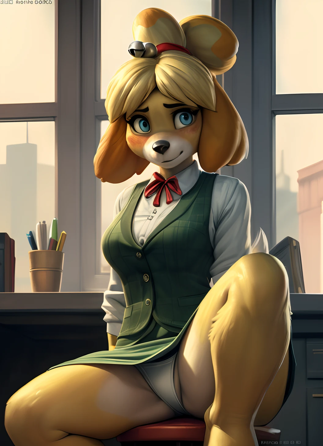 [isaCrossing], [Isabelle; Animal Crossing], [Uploaded to e621.net; (Pixelsketcher), (wamudraws)], ((masterpiece)), ((solo portrait)), ((front view)), ((feet visible)), ((furry; anthro)), ((detailed fur)), ((detailed shading)), ((beautiful render art)), {anthro; (yellow fur, black nose), small brown eyebrows, cute surprised blue eyes, surprised, (blushing), blonde hair, (bells in hair), topknot, fluffy tail, (beautiful feet)}, {(office woman), (red ribbon), (green vest), (white shirt), (short green pencil skirt), (upskirt white panties)}, {(sitting on stool), (hands in between legs), (legs spread open), (bending over)}, [background; (office), (window), (sun rays)]