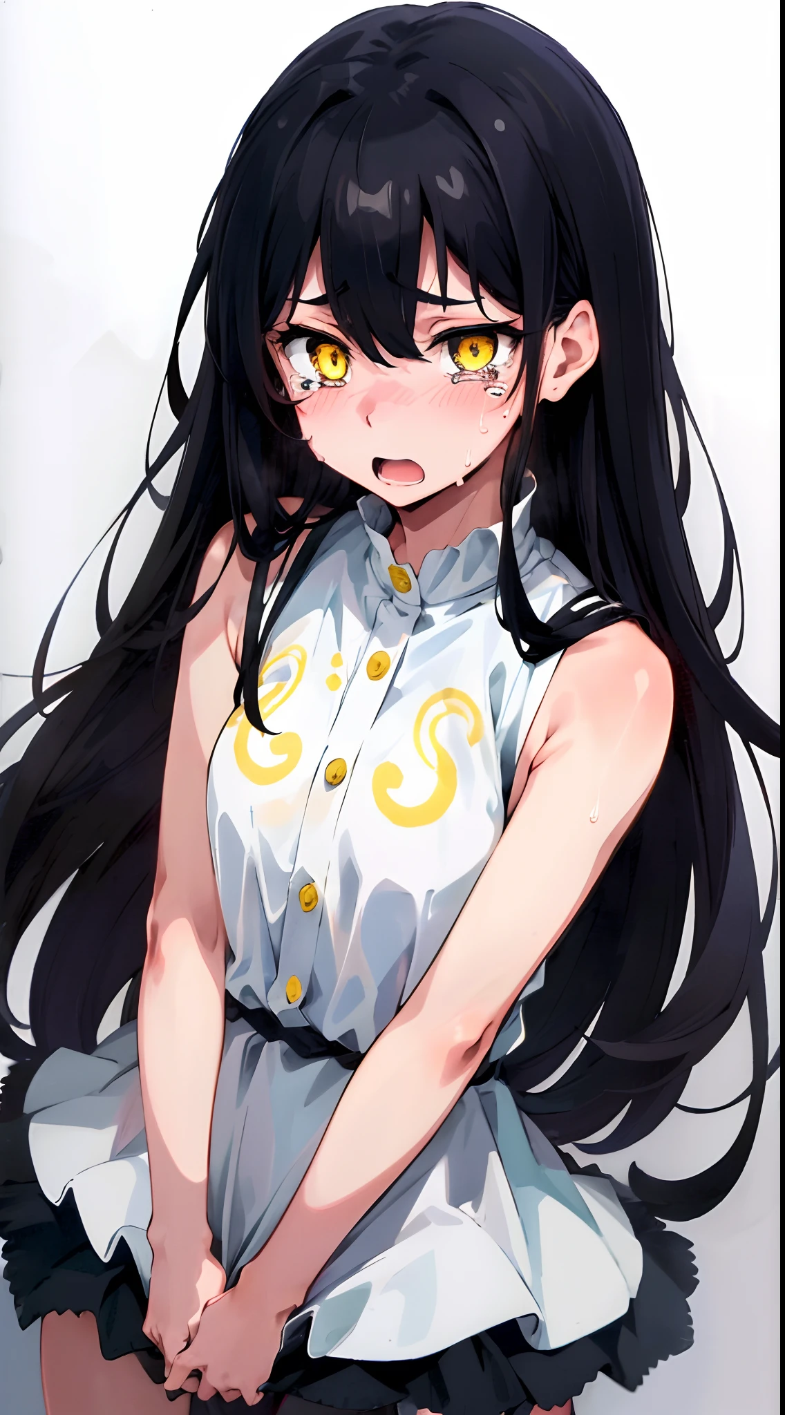 (mieruko:1.3), 1girl, scared, tears, sweat drips, yellow detailed eyes, long black hair, big eyes, (open mouth:0.1), detailed pupils, hdr shadows, ((elegant clothes)), sleeveless.