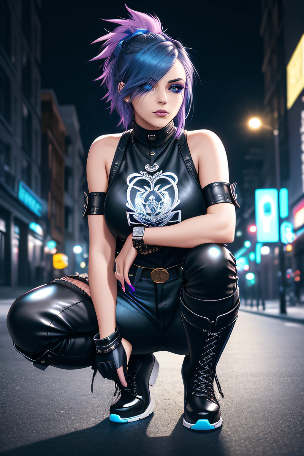 beautiful girl, full body, short bright blue dishevelled hair, black eyeshadow, (street style wear:1.2), ((tight fitted pants)), ((knee high leather boots)), (city night background:1.2), dark makeup, digital art, trending on artstation, highly detailed, fine detail, intricate, beautiful detailed glow, detailed, Cinematic light, high-res, detailed facial features, sharp focus, smooth, aesthetic,