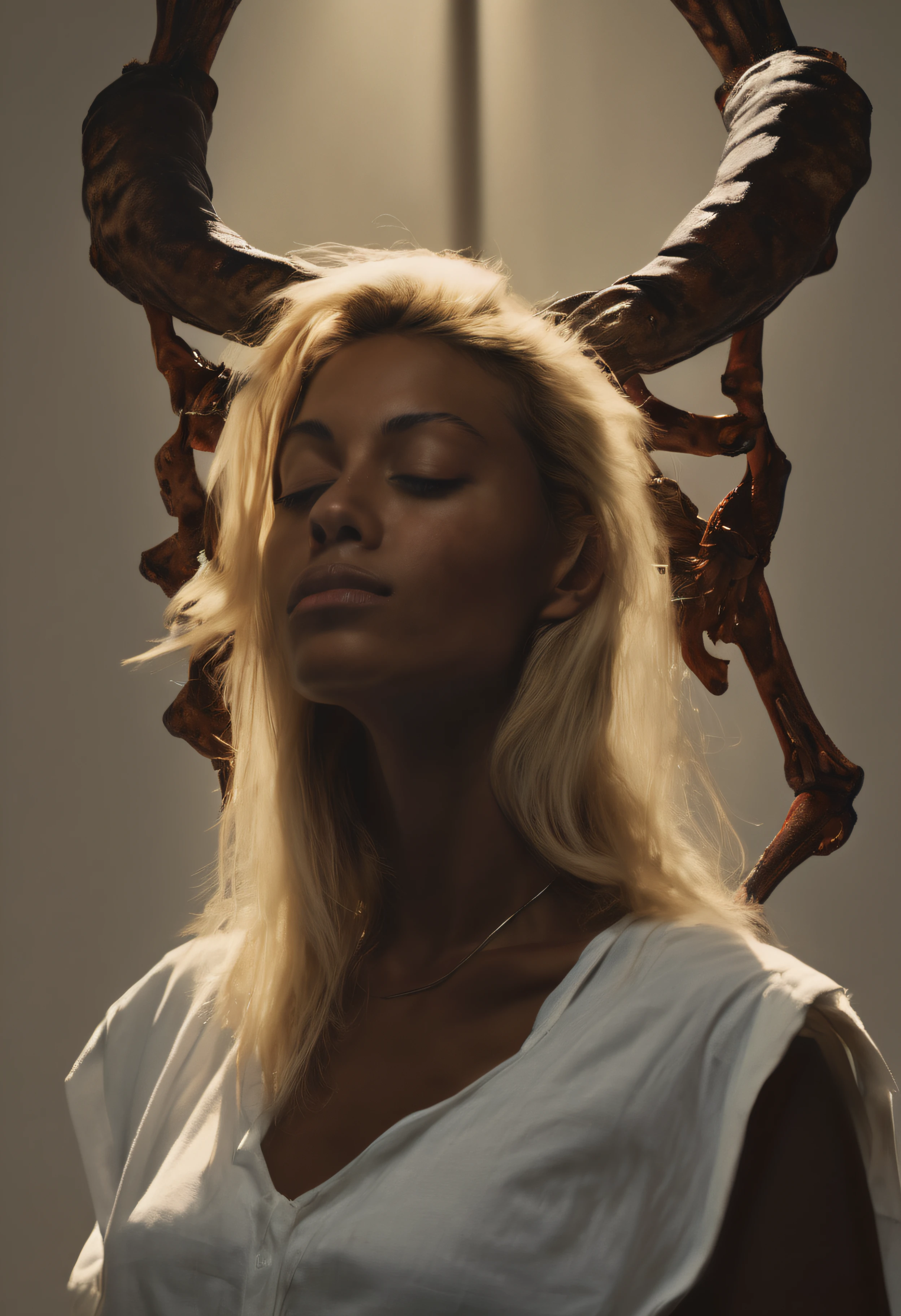 "(The best lighting, alto contraste, oscuro, dramatic),(Chica rubia junto a una cabra negra gigante, Open the rib cage, feto, autopsia, huesos humanos, sangre por las paredes). Luz Caravaggio"