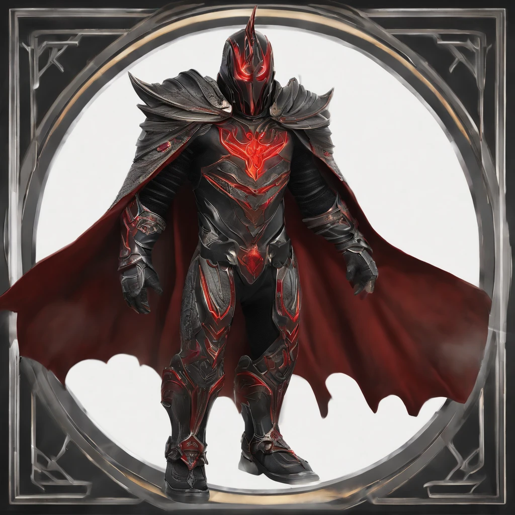 Amplifire’s costume is a meticulously designed suit that exudes a sense of majestic terror. The primary suit is a form-fitting, metallic black body armor with glowing red lines tracing along the contours of his muscular physique. These lines seem to pulsate with energy, a visual representation of his amplification power.
His face is concealed behind a menacing mask with a design reminiscent of a grim, expressionless face. The eyes of the mask glow with the same red energy as the lines on his suit, creating an eerie and fearsome countenance. The top of the mask has a crown-like design, symbolizing his self-appointed role as a kingmaker amongst powered beings.
A flowing crimson cape is attached to his shoulders, which billows dramatically as he moves. The cape has a subtle, metallic sheen, matching the dark metallic hue of his armor. The back of the cape bears a large emblem of a rising phoenix, symbolizing rebirth and the new order he seeks to create.
His gloves and boots are reinforced with additional armor plating, and the fingertips of the gloves have tiny nodes that glow with red energy, the points where he channels his amplification power to others.