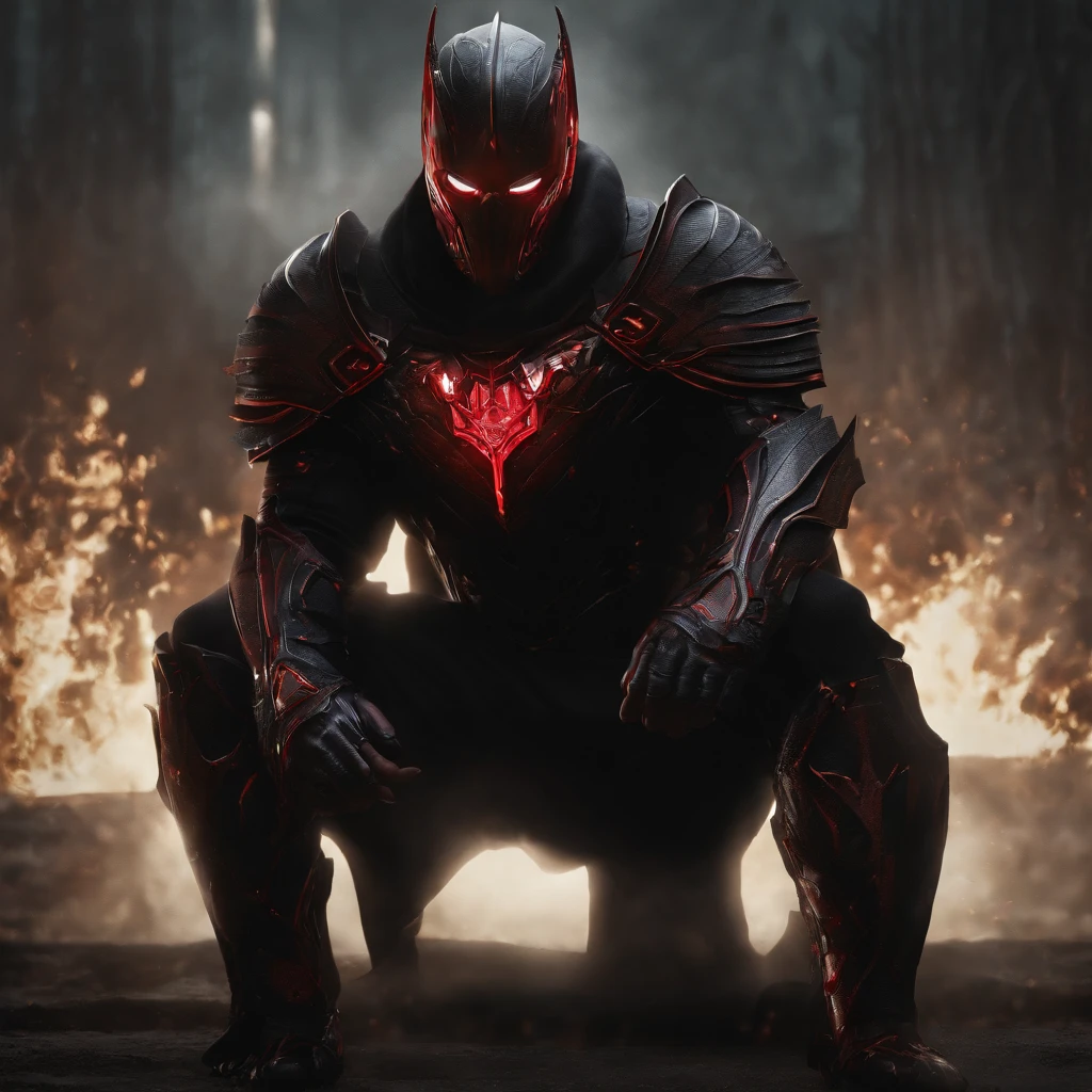 Amplifire’s costume is a meticulously designed suit that exudes a sense of majestic terror. The primary suit is a form-fitting, metallic black body armor with glowing red lines tracing along the contours of his muscular physique. These lines seem to pulsate with energy, a visual representation of his amplification power.
His face is concealed behind a menacing mask with a design reminiscent of a grim, expressionless face. The eyes of the mask glow with the same red energy as the lines on his suit, creating an eerie and fearsome countenance. The top of the mask has a crown-like design, symbolizing his self-appointed role as a kingmaker amongst powered beings.
A flowing crimson cape is attached to his shoulders, which billows dramatically as he moves. The cape has a subtle, metallic sheen, matching the dark metallic hue of his armor. The back of the cape bears a large emblem of a rising phoenix, symbolizing rebirth and the new order he seeks to create.
His gloves and boots are reinforced with additional armor plating, and the fingertips of the gloves have tiny nodes that glow with red energy, the points where he channels his amplification power to others.