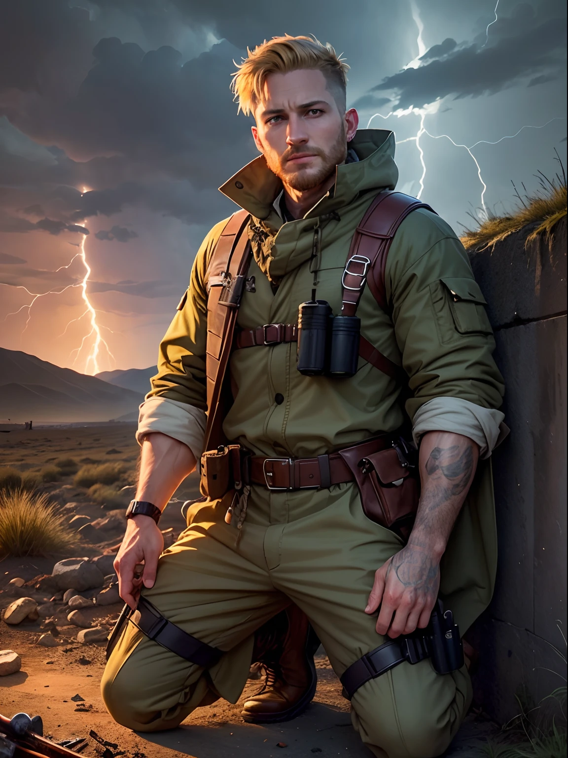 30 year old man, like Tom Hardy, short blonde hair, stubble, wearing khaki jumpsuit, khaki poncho, keffiyeh, equipment belt with holster, kneeling beside smouldering campfire, ruined wall, weeds, night-time, lightning, storm clouds