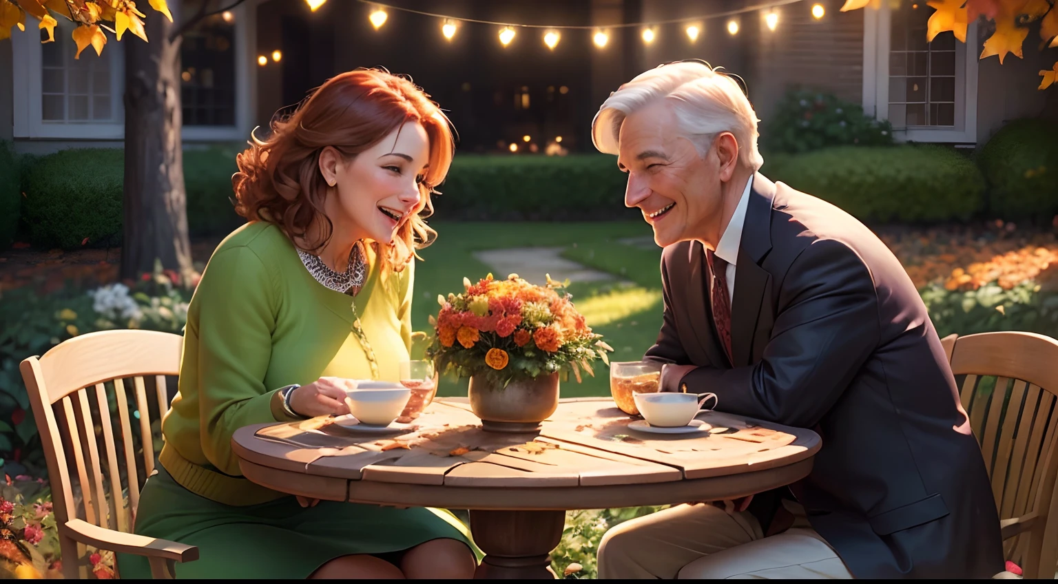 (garden, oil painting, elegant middle-aged couple, autumn, birthday celebration, vibrant colors, warm lighting, joyful atmosphere, detailed facial expressions, beautiful garden, falling leaves, cozy outdoor setting, romantic atmosphere, smiles, happiness, love, laughter)