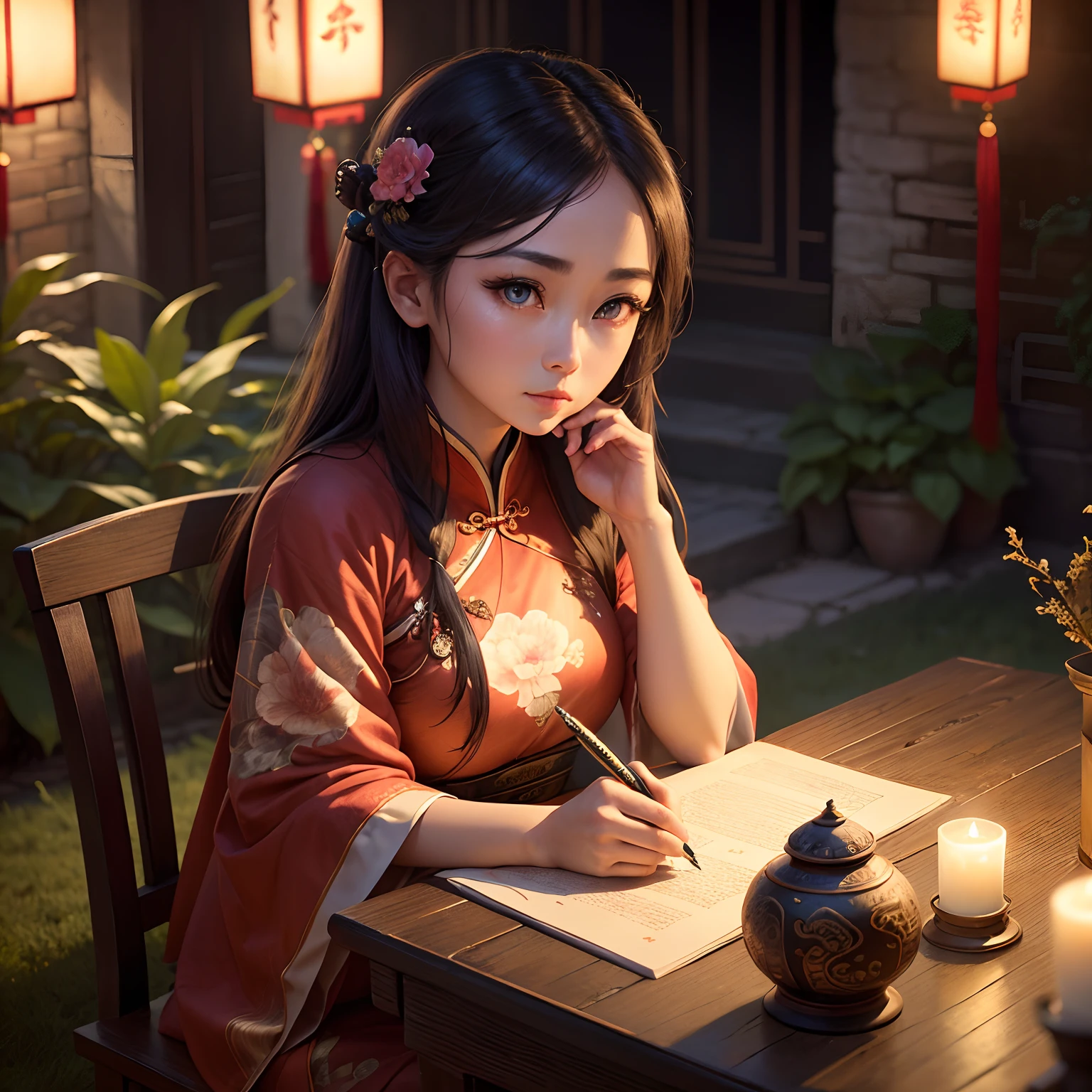 A photo of a beautiful girl in a traditional Chinese dress looking at ancient chinese book under lamp on a low table in garden surrounded by old walls in a peaceful night,((her right hold a pen and her left hand place on table)),((masterpiece)),realistic,4k,extremely detailed,((beautiful big eyes))