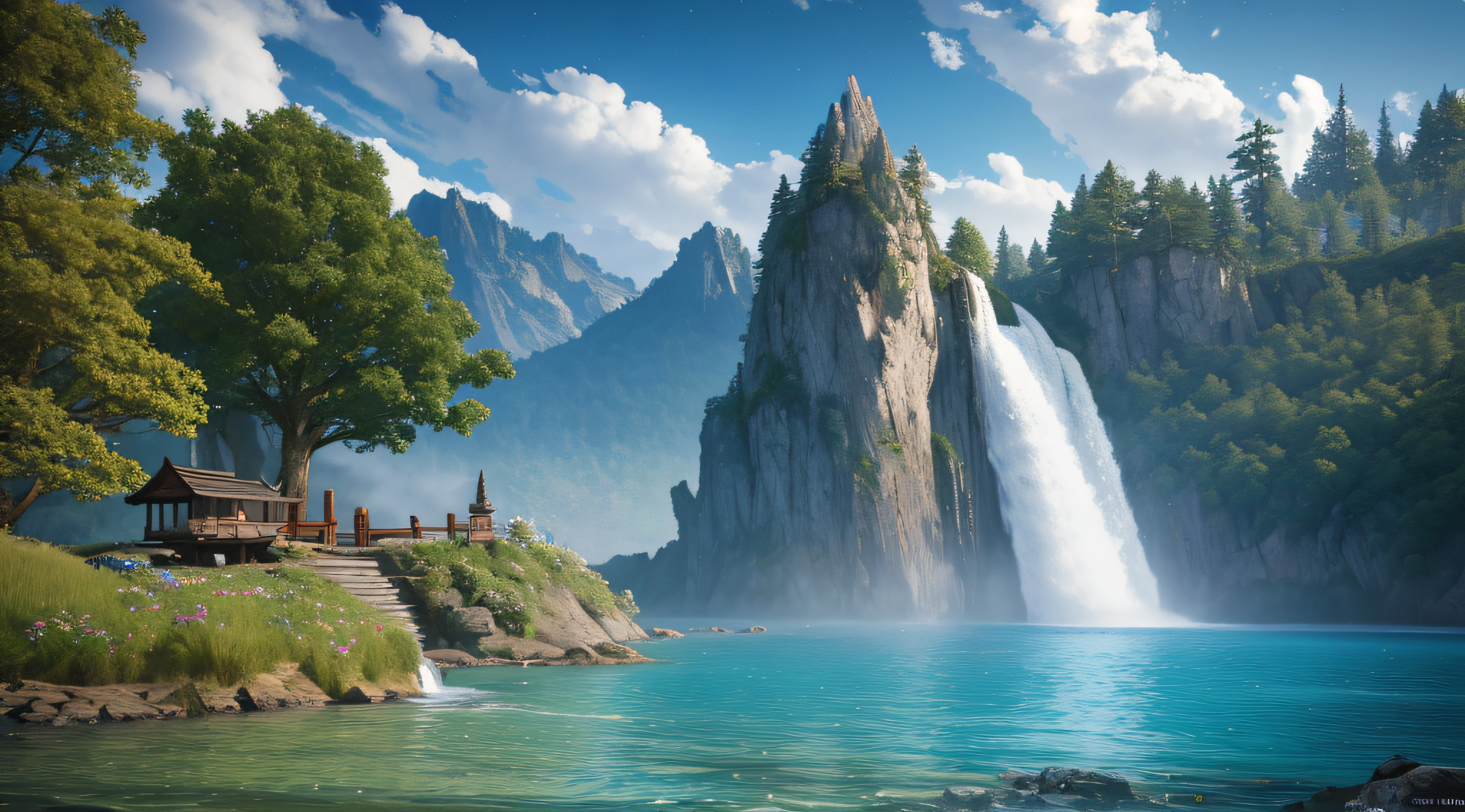Masterpiece, best quality, high quality, extremely detailed CG unity 8k wallpaper, landscape, outdoor, sky, cloud, sky, no humans, mountain, landscape, water, tree, blue sky, waterfall, cliff, nature, lake, river , cloudy skies, award winning photography, bokeh, depth of field, HDR, bloom, chromatic aberration, photorealism, very detailed, trending on artstation, trending on CGsociety, intricate, high detail, dramatic, midjourney art