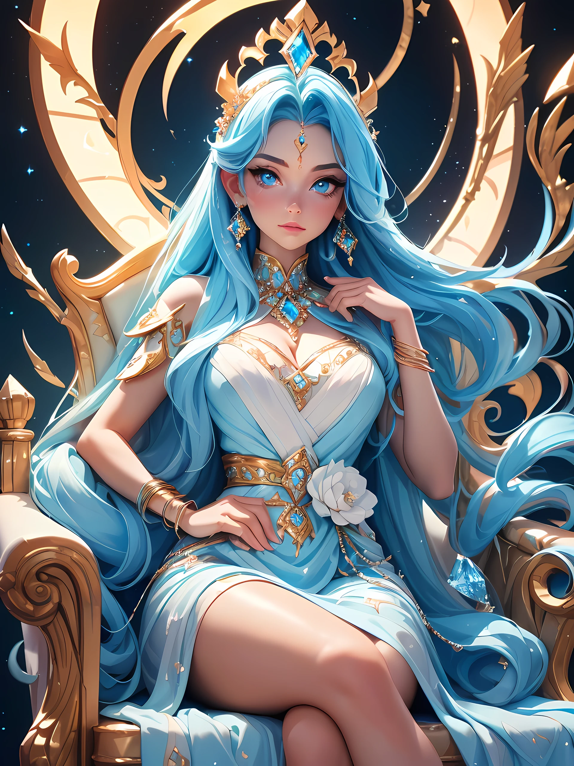 ((a close body portrait of an attractive beautiful goddess sitting at a blue throne)), ((dressed in a long white dress with decorations of crystal light blue pieces of jewelry.)) she has blue crystal eyes and white long hair sliding straight down her back)), (capture the scene and the ethereal grace of her surroundings, crystal color, wearing diamond crystal earrings and the blue moon up the far sky), best lighting effects, high quality, best quality, sharp focus, hyperdetailed, 8K, vibrant colors
